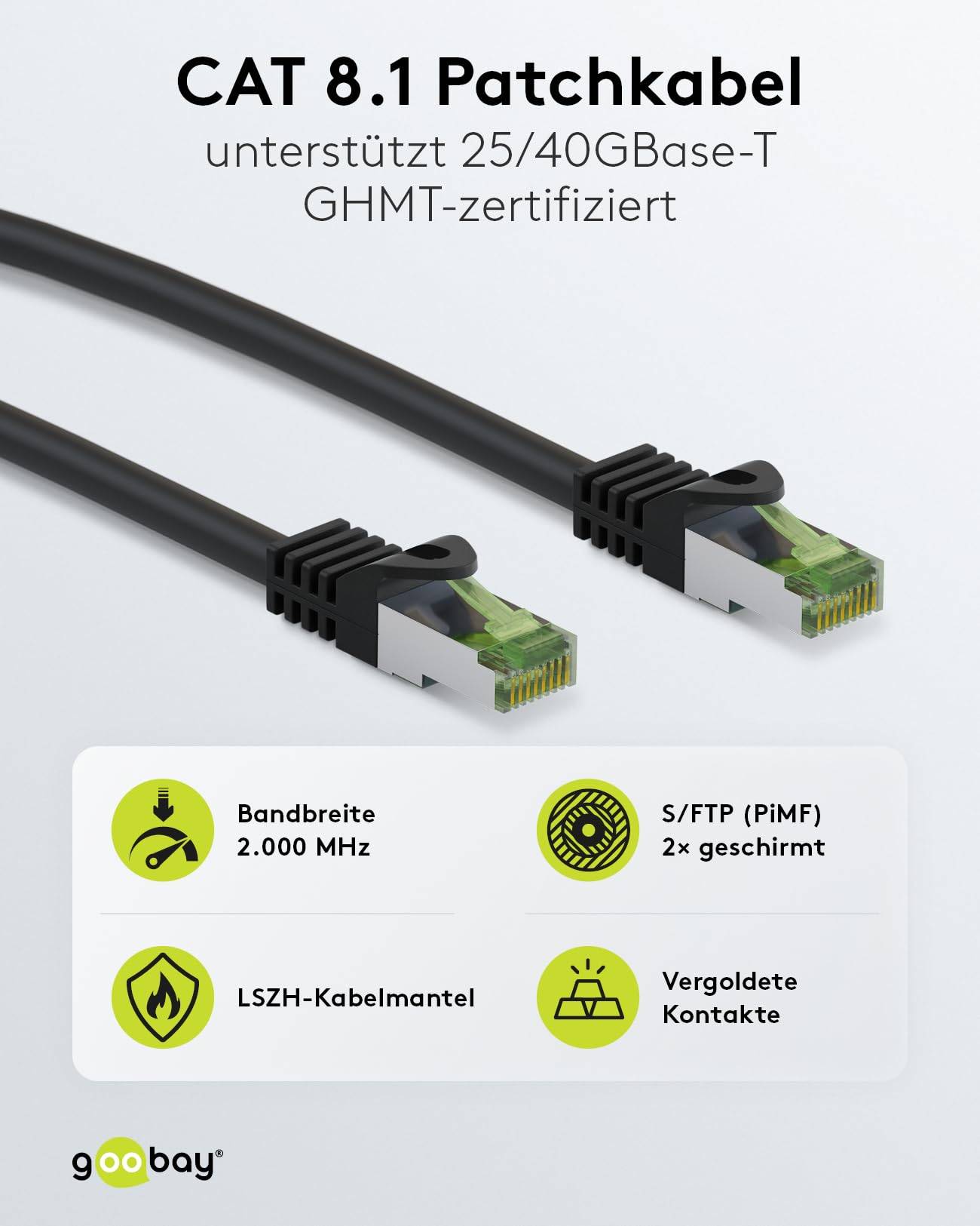 Goobay 61093 CAT 8.1 Patchkabel GHMT zertifiziert S/FTP PiMF halogenfrei 2 GHz Netzwerkkabel Internetkabel Schwarz 1m-1