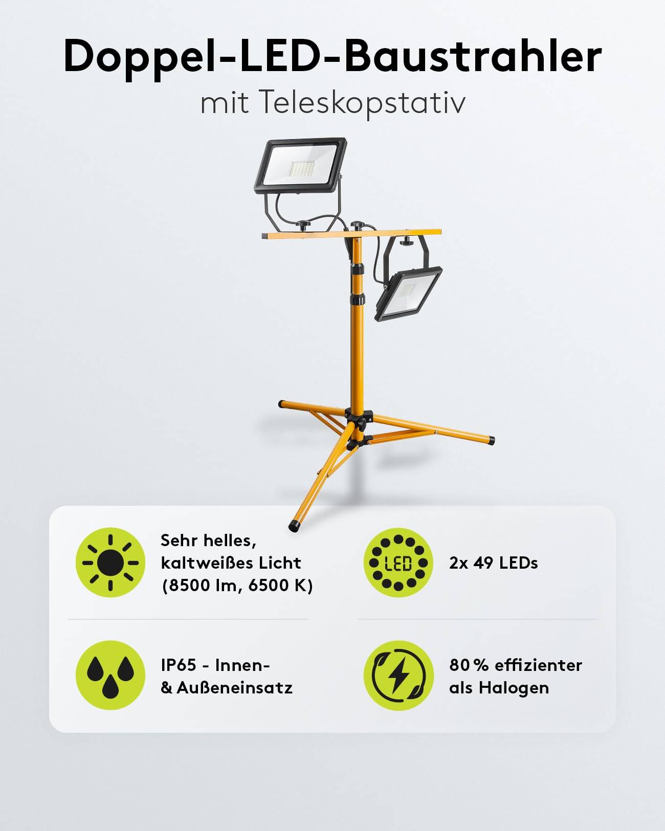 Goobay 49984 LED Baustrahler mit Teleskopstativ, 2 x 50W, 8500lm, IP65, kaltweiß 6500K, höhenverstellbar-1