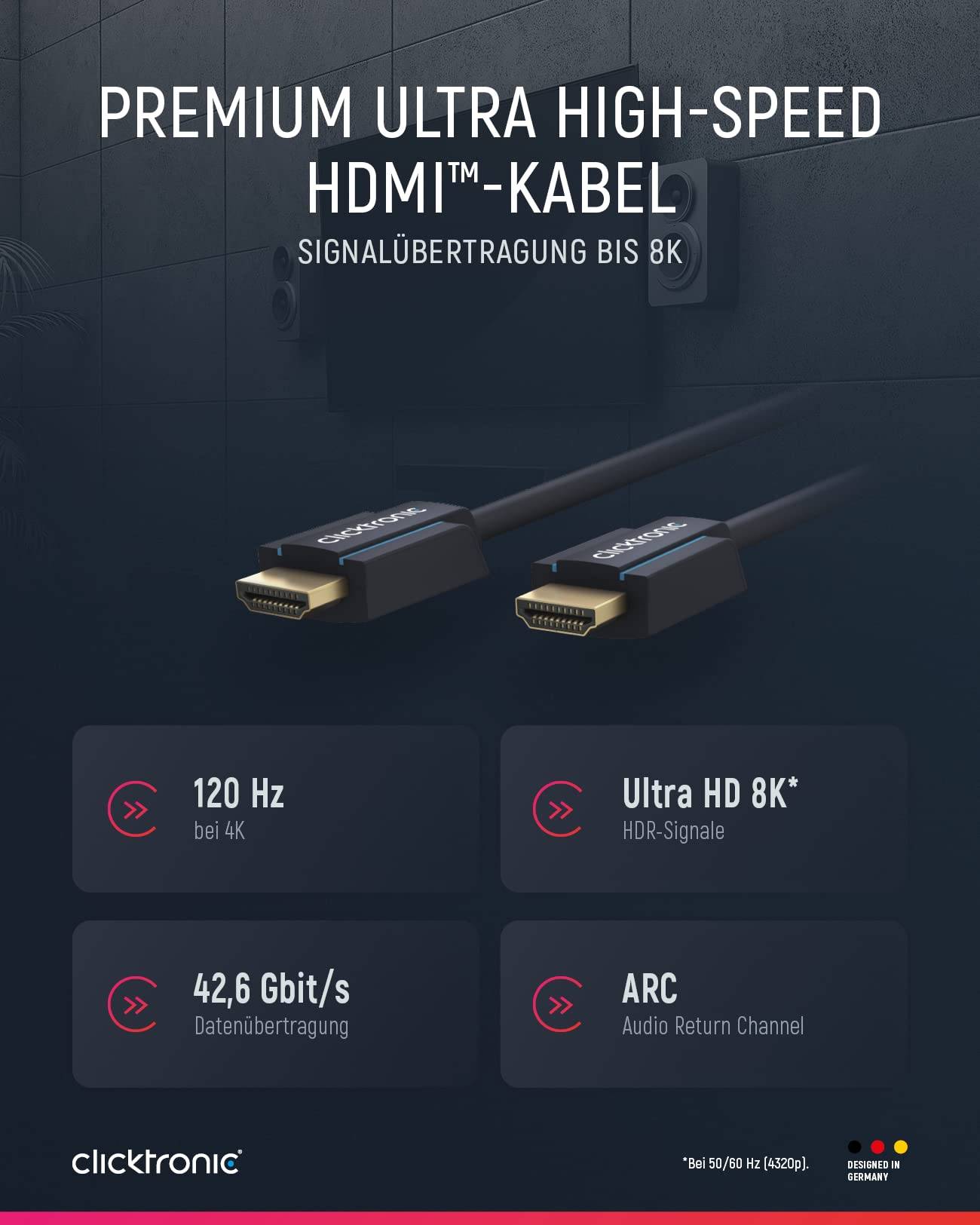 Clicktronic 40989 Ultra High Speed HDMI Kabel 8K @ 60 Hz Monitorkabel UHD Fernsehkabel PS5 geschirmt 48 Gbit/s Grau 1,5m-1