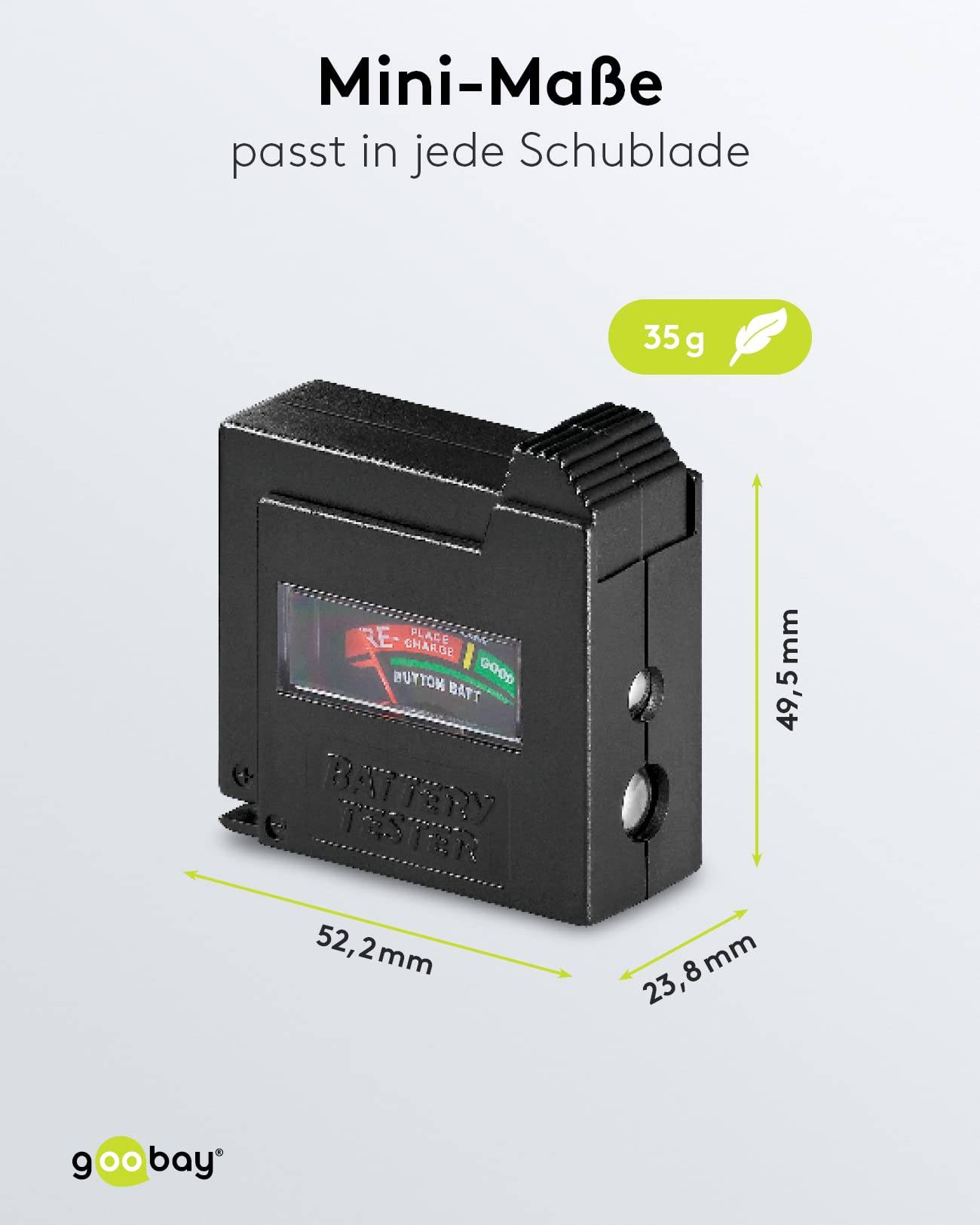 Goobay 54020 Batterietester für alle Batterien & Akkus AAA, AA, C, 9V, D, N, 1,5V Knopfzelle Batterieprüfgerät Testgerät-1