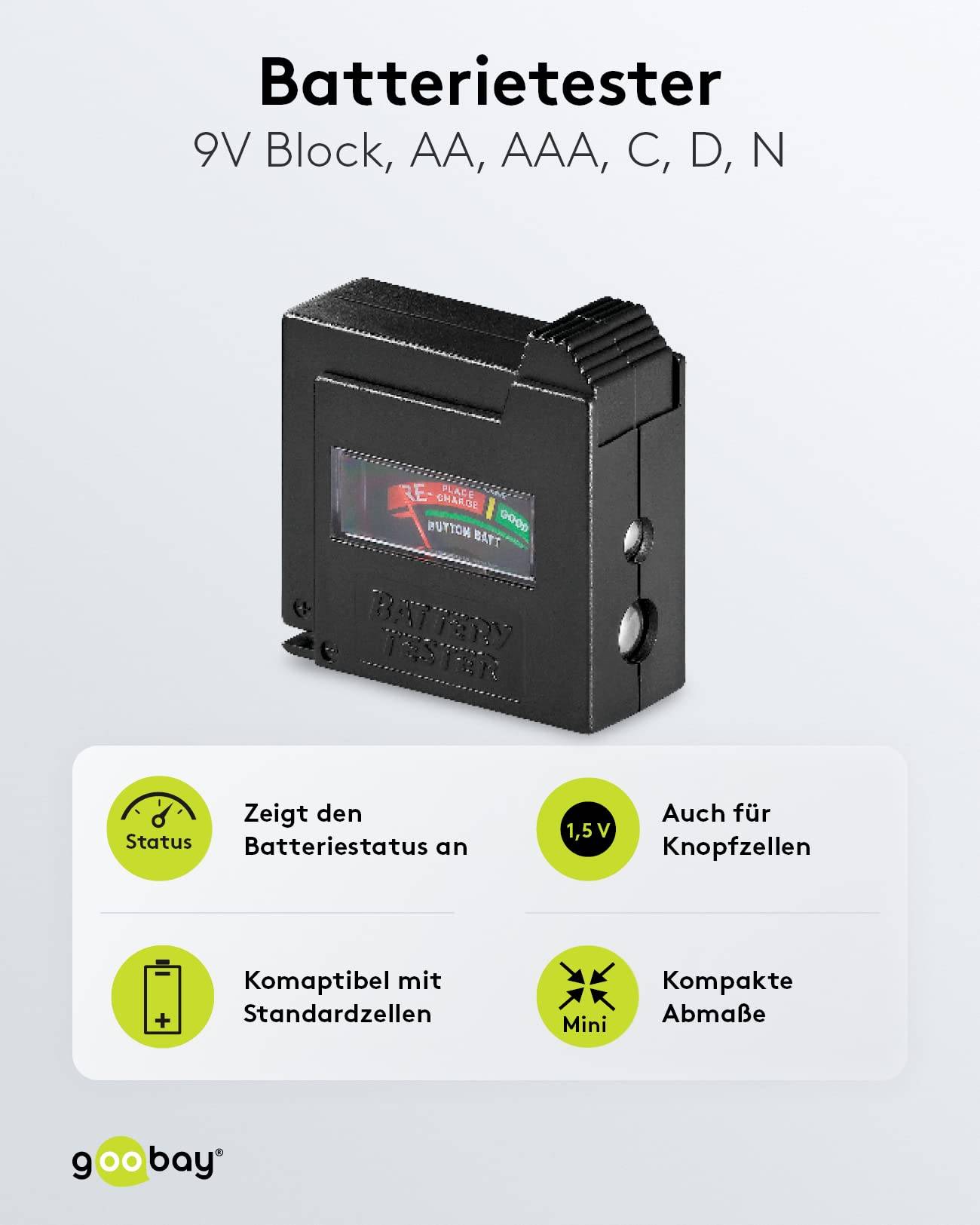 Goobay 54020 Batterietester für alle Batterien & Akkus AAA, AA, C, 9V, D, N, 1,5V Knopfzelle Batterieprüfgerät Testgerät-4