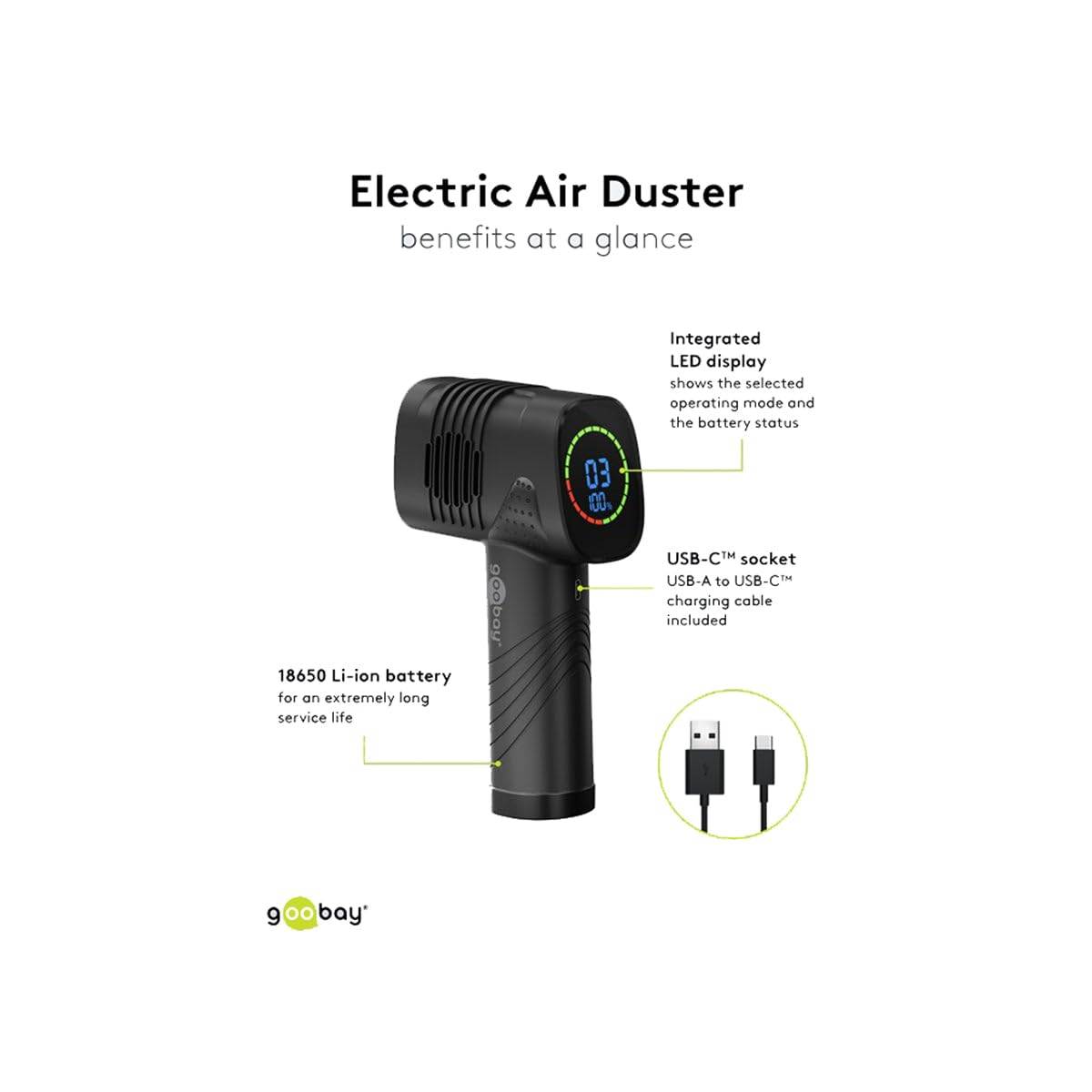 Goobay 61667 Elektrisches Staubgebläse zur PC & Tastatur Reinigung / 2.000 mAh Akku / 90 Min. Betriebsdauer / LED Licht-5