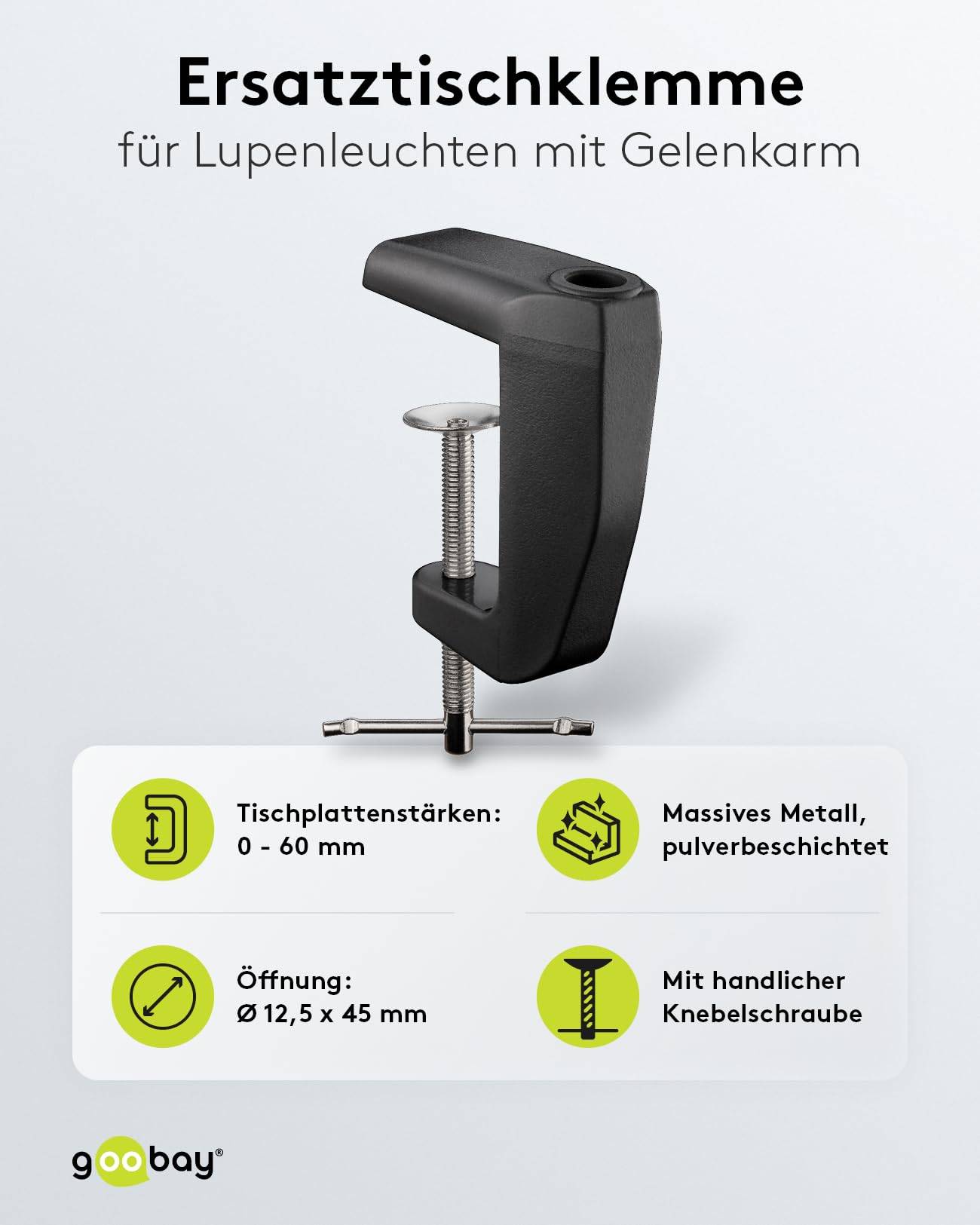 Goobay 64987 Tischklemme für LED Lupenleuchte zur Tischmontage bis 60 mm Lupenlampen Lupe Befestigung Tischlupe Schwarz-1