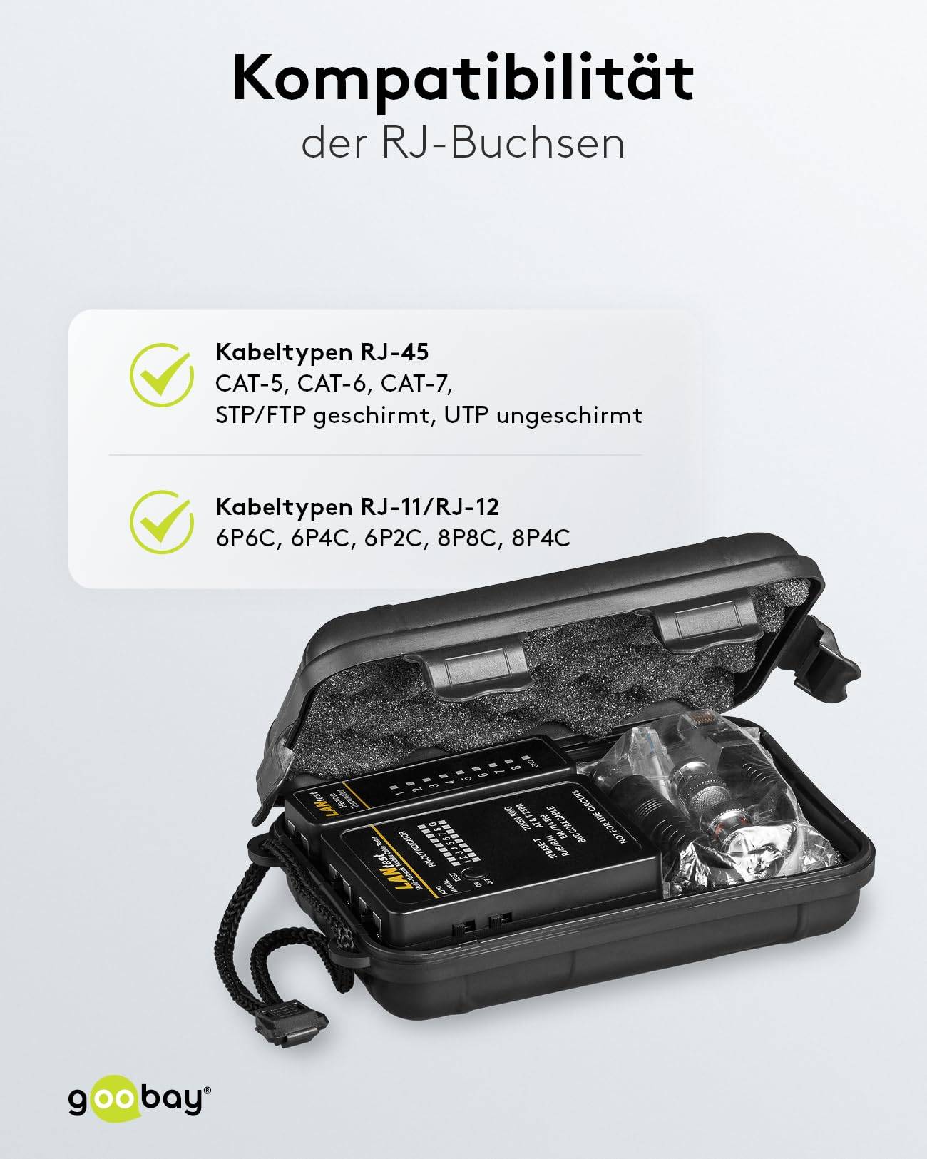 Goobay 93010 Netzwerktester LAN Tester Leitungstester RJ45 RJ11 RJ12 ISDN CAT5 CAT6 BNC Netzwerk Kabeltester Schwarz-5