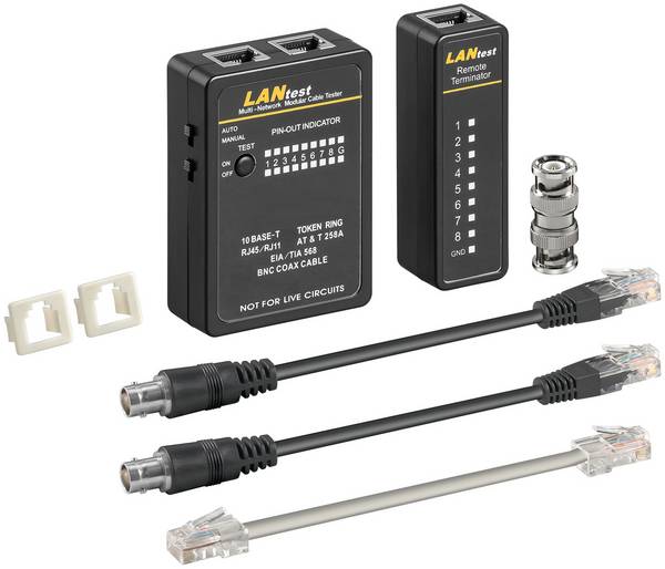 Goobay 93010 Netzwerktester LAN Tester Leitungstester RJ45 RJ11 RJ12 ISDN CAT5 CAT6 BNC Netzwerk Kabeltester Schwarz