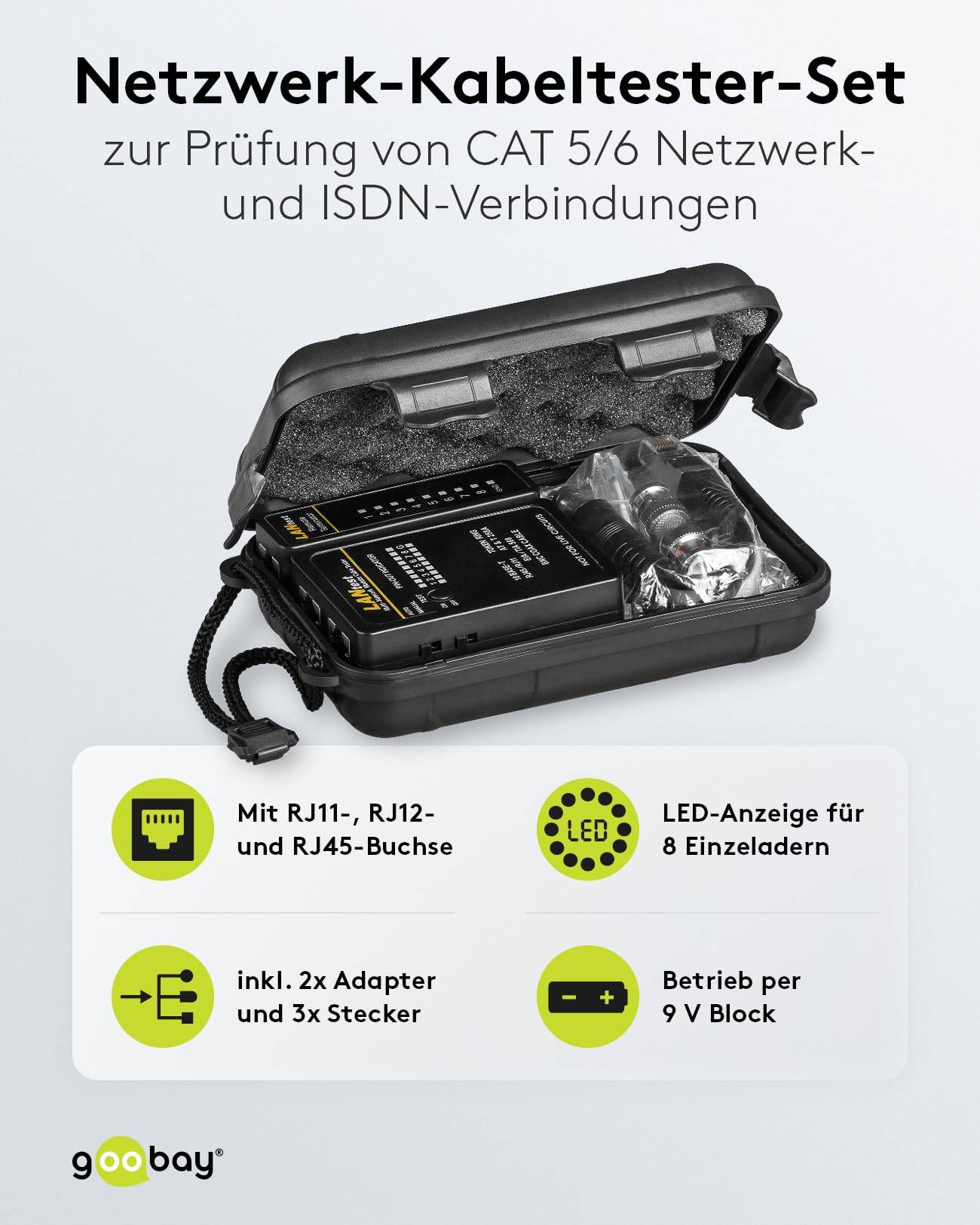 Goobay 93010 Netzwerktester LAN Tester Leitungstester RJ45 RJ11 RJ12 ISDN CAT5 CAT6 BNC Netzwerk Kabeltester Schwarz-1