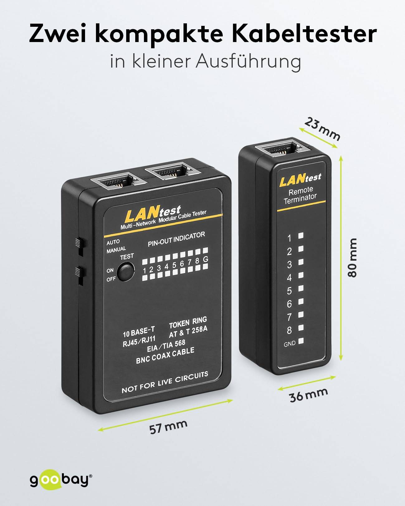 Goobay 93010 Netzwerktester LAN Tester Leitungstester RJ45 RJ11 RJ12 ISDN CAT5 CAT6 BNC Netzwerk Kabeltester Schwarz-3