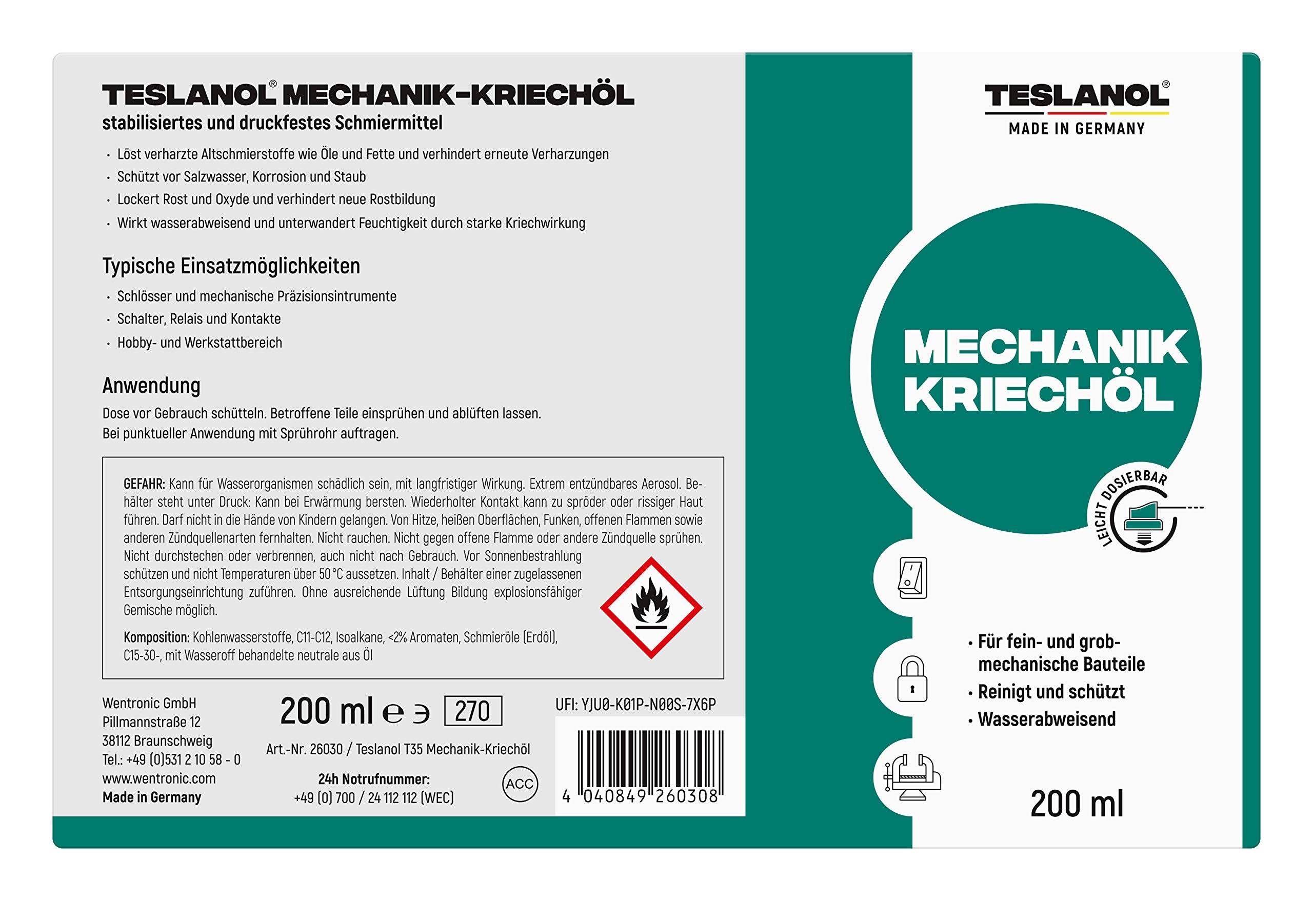 Teslanol 26030 Universal Mechaniker Kriechöl Spray Schmieröl Schutz & Pflege von Metallteilen Sprühöl Schmierfett 200 ml-3
