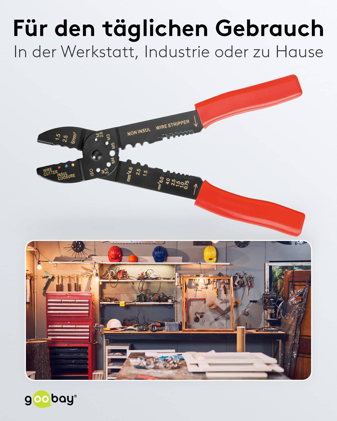 Goobay 77289 Crimpzange für isolierte Kabelschuhe 0,75-5,5 mm² Kombizange Crimpen & Abisolieren, Kabelschneider, Rot-5