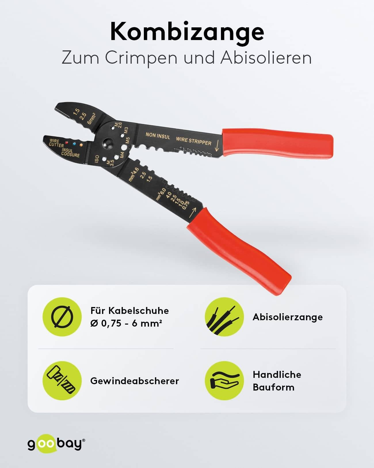 Goobay 77289 Crimpzange für isolierte Kabelschuhe 0,75-5,5 mm² Kombizange Crimpen & Abisolieren, Kabelschneider, Rot-1