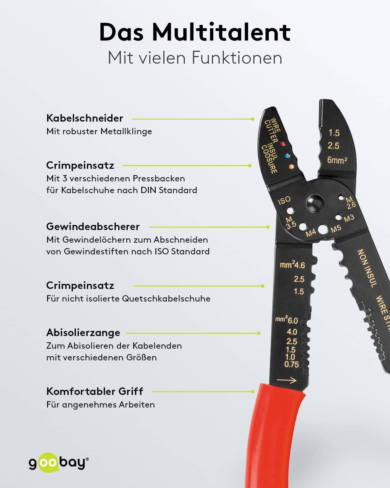 Goobay 77289 Crimpzange für isolierte Kabelschuhe 0,75-5,5 mm² Kombizange Crimpen & Abisolieren, Kabelschneider, Rot-2
