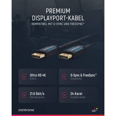 Clicktronic 70710 DisplayPort Kabel 1.2 Monitorkabel 4K @ 60Hz UHD Laptop DP Stecker 21.6 Gbit/s Bildschirmkabel Grau 1m-1