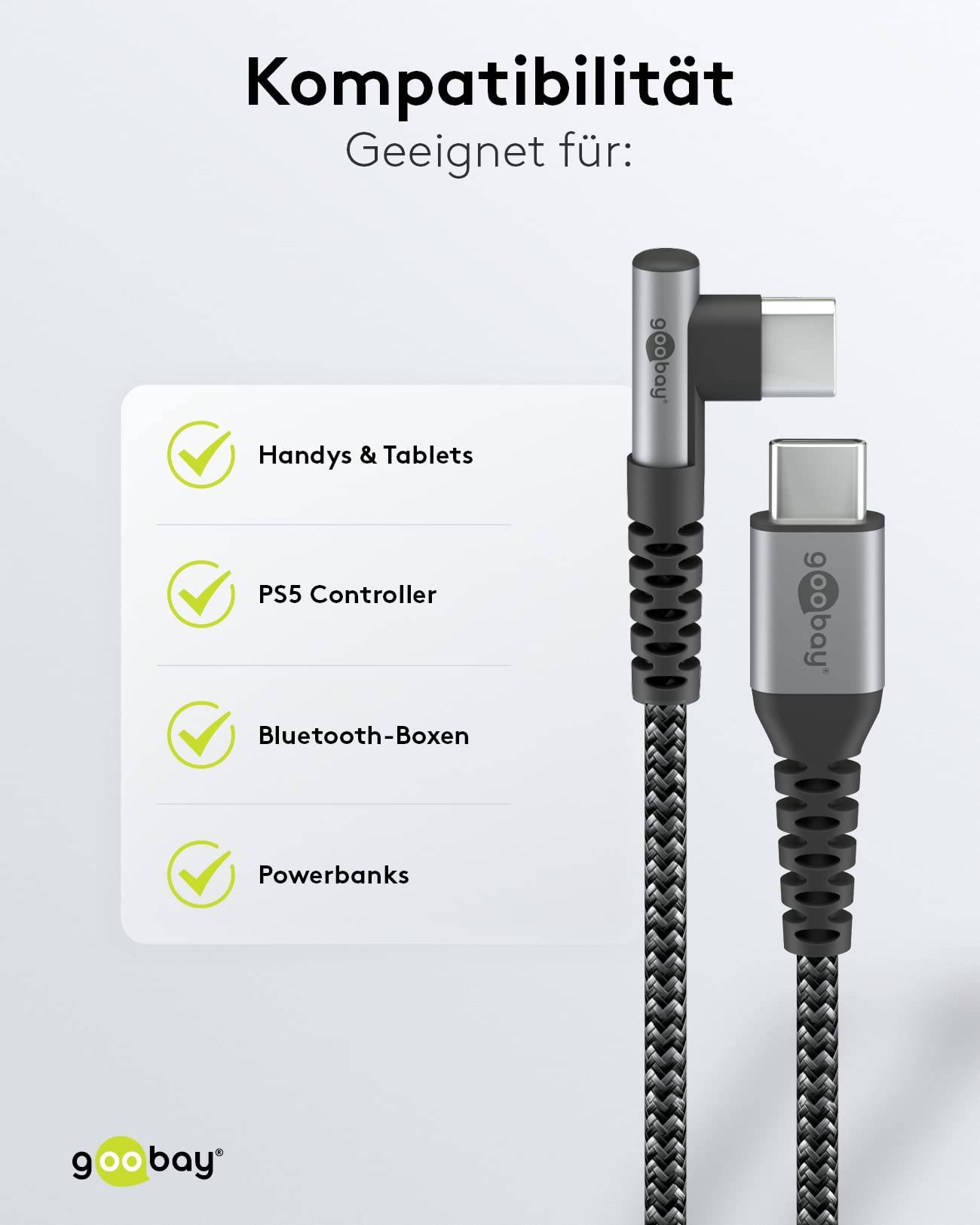 Goobay 64660 USB C auf USB C 90° gewinkelt Handy Kabel Ladekabel Adapterkabel 480 Mbit/s Textilkabel Stoffkabel Grau 2m-5