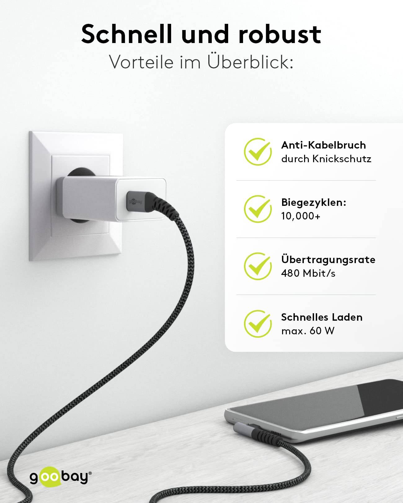 Goobay 64660 USB C auf USB C 90° gewinkelt Handy Kabel Ladekabel Adapterkabel 480 Mbit/s Textilkabel Stoffkabel Grau 2m-6