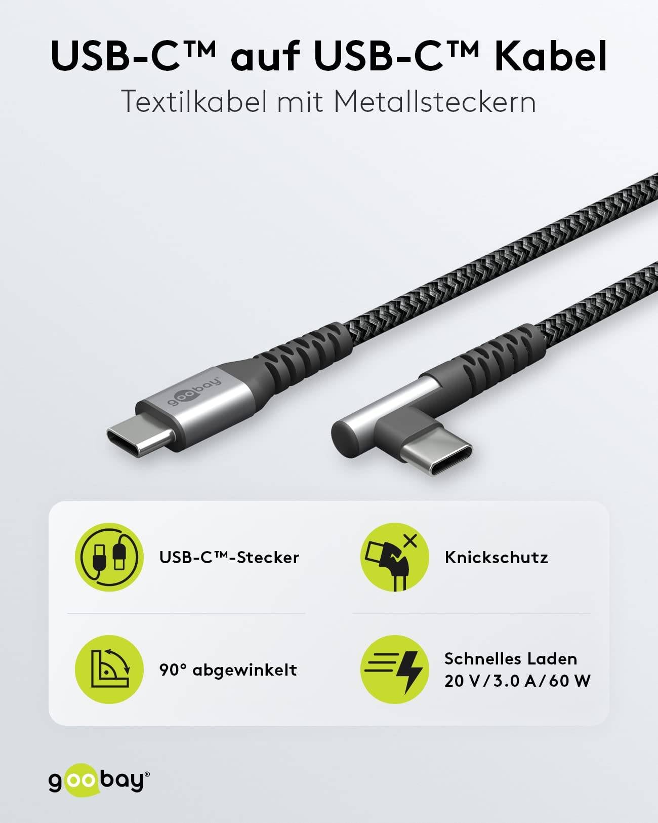 Goobay 64660 USB C auf USB C 90° gewinkelt Handy Kabel Ladekabel Adapterkabel 480 Mbit/s Textilkabel Stoffkabel Grau 2m-1