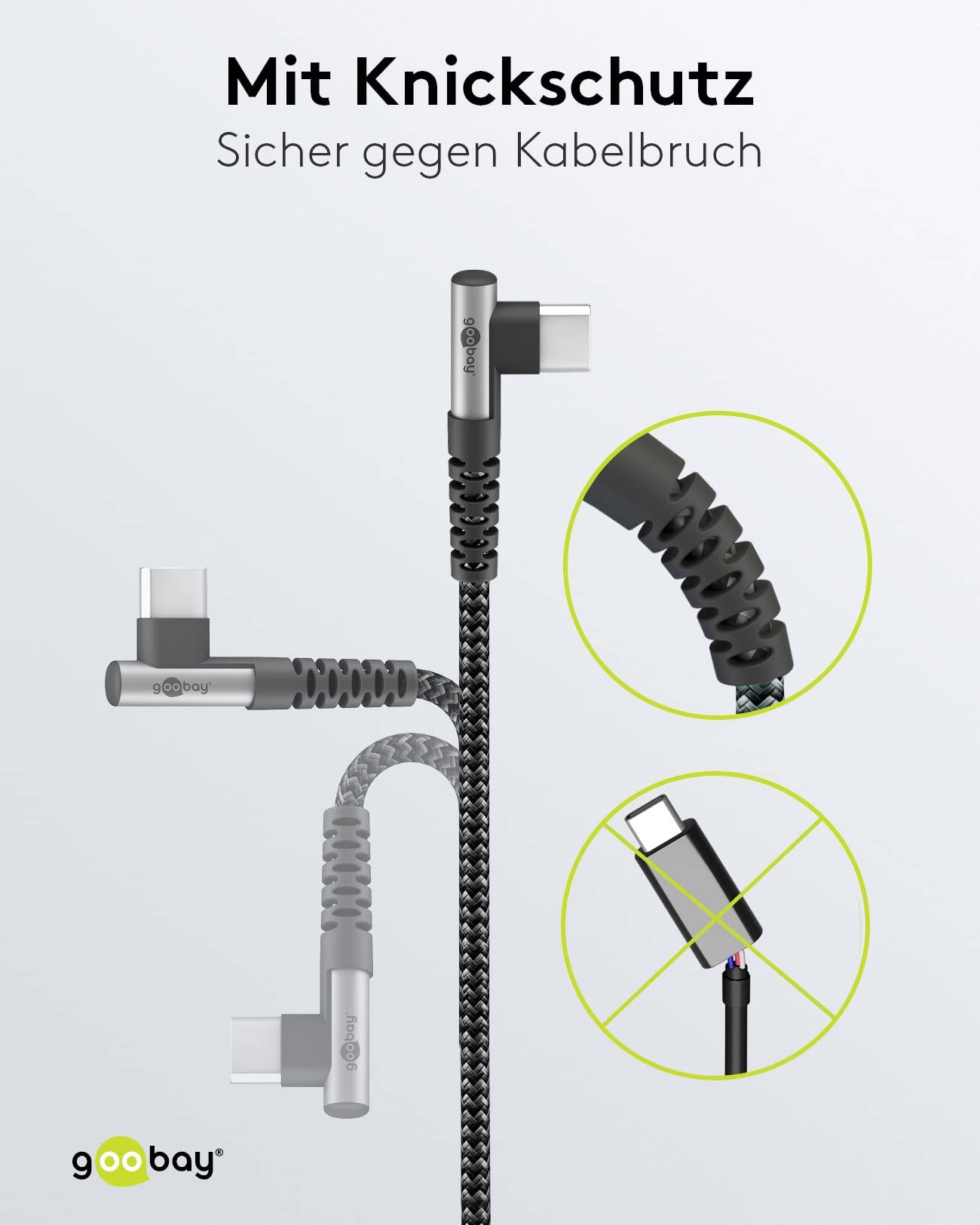 Goobay 64660 USB C auf USB C 90° gewinkelt Handy Kabel Ladekabel Adapterkabel 480 Mbit/s Textilkabel Stoffkabel Grau 2m-2