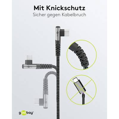 Goobay 64660 USB C auf USB C 90° gewinkelt Handy Kabel Ladekabel Adapterkabel 480 Mbit/s Textilkabel Stoffkabel Grau 2m-2