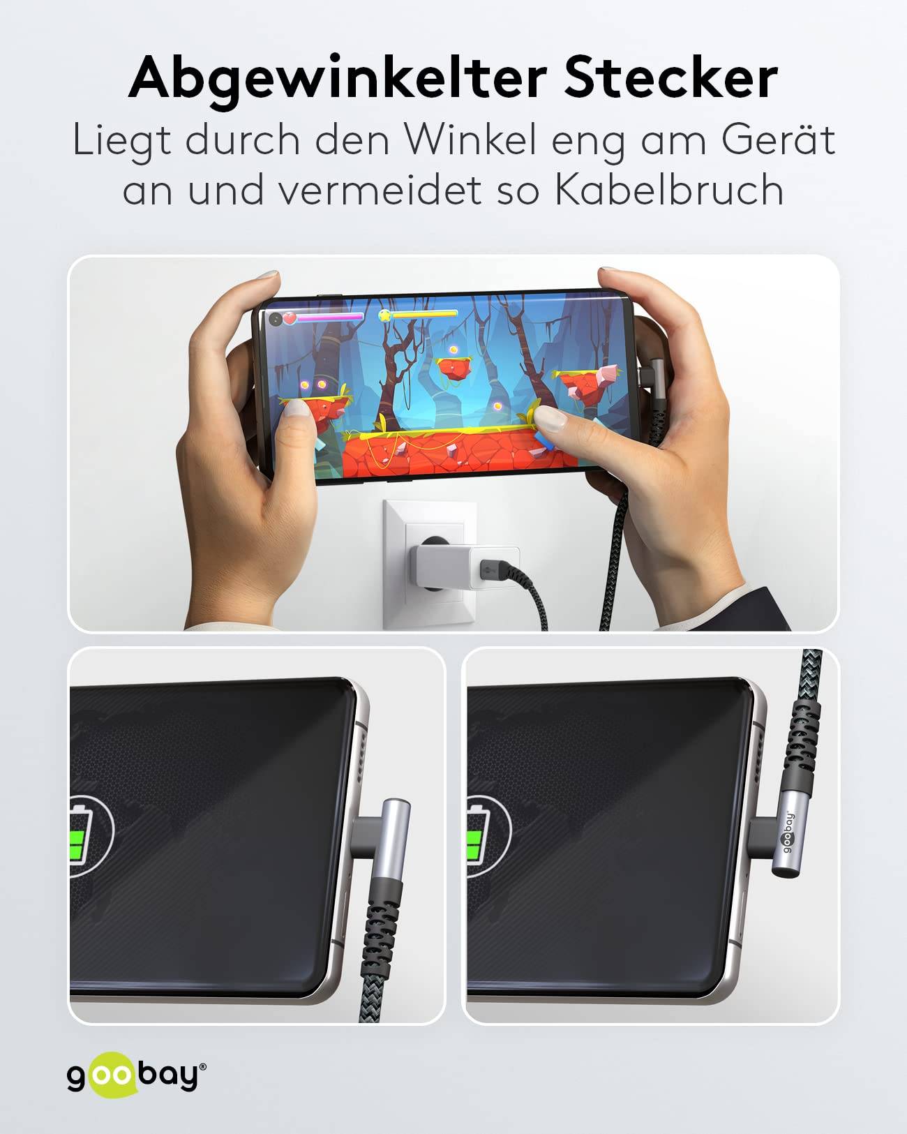 Goobay 64660 USB C auf USB C 90° gewinkelt Handy Kabel Ladekabel Adapterkabel 480 Mbit/s Textilkabel Stoffkabel Grau 2m-4