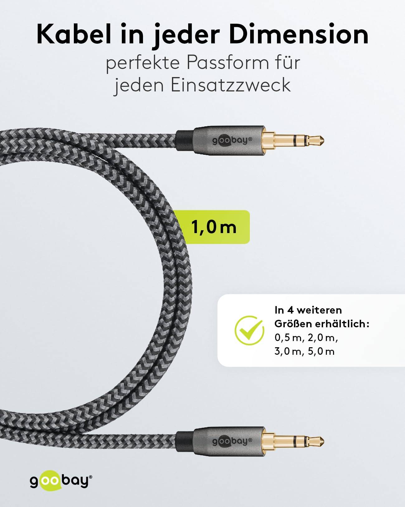Goobay Plus 65273 AUX Kabel 3,5 mm Klinkenstecker / Klinke Audiokabel Klinkenkabel / Textilkabel Shark Skin / Grau / 1m-4