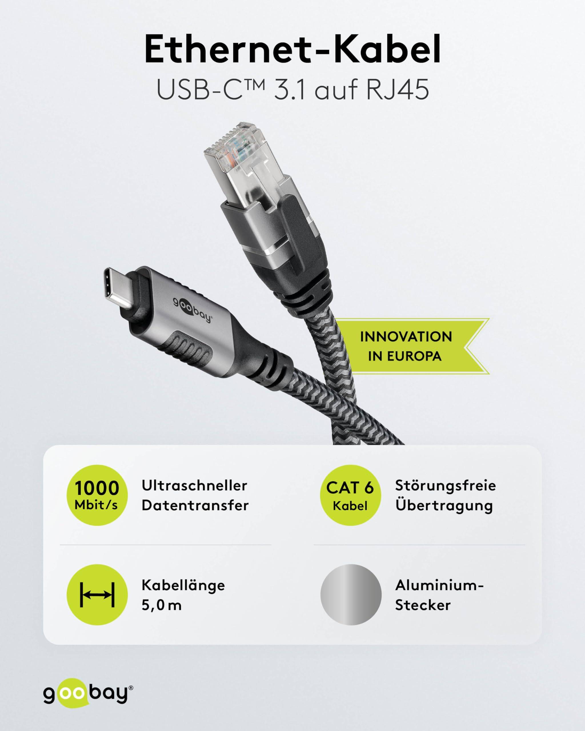 Goobay 70752 RJ45 Ethernet auf USB C 3.1 Kabel / FTP Internetkabel 1 Gbits / CAT 6 Netzwerkkabel / Textilkabel / 5m/sw-3