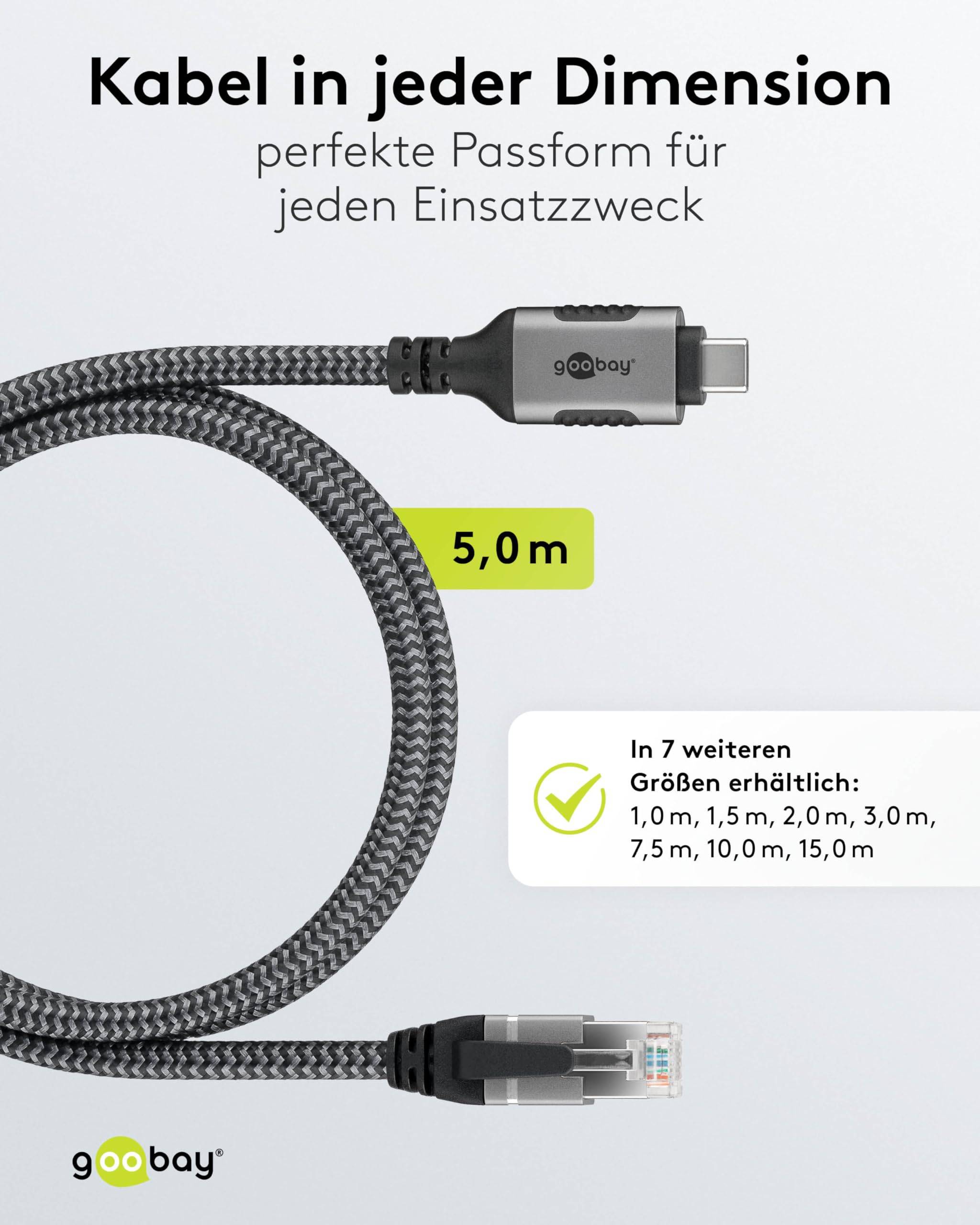 Goobay 70752 RJ45 Ethernet auf USB C 3.1 Kabel / FTP Internetkabel 1 Gbits / CAT 6 Netzwerkkabel / Textilkabel / 5m/sw-4