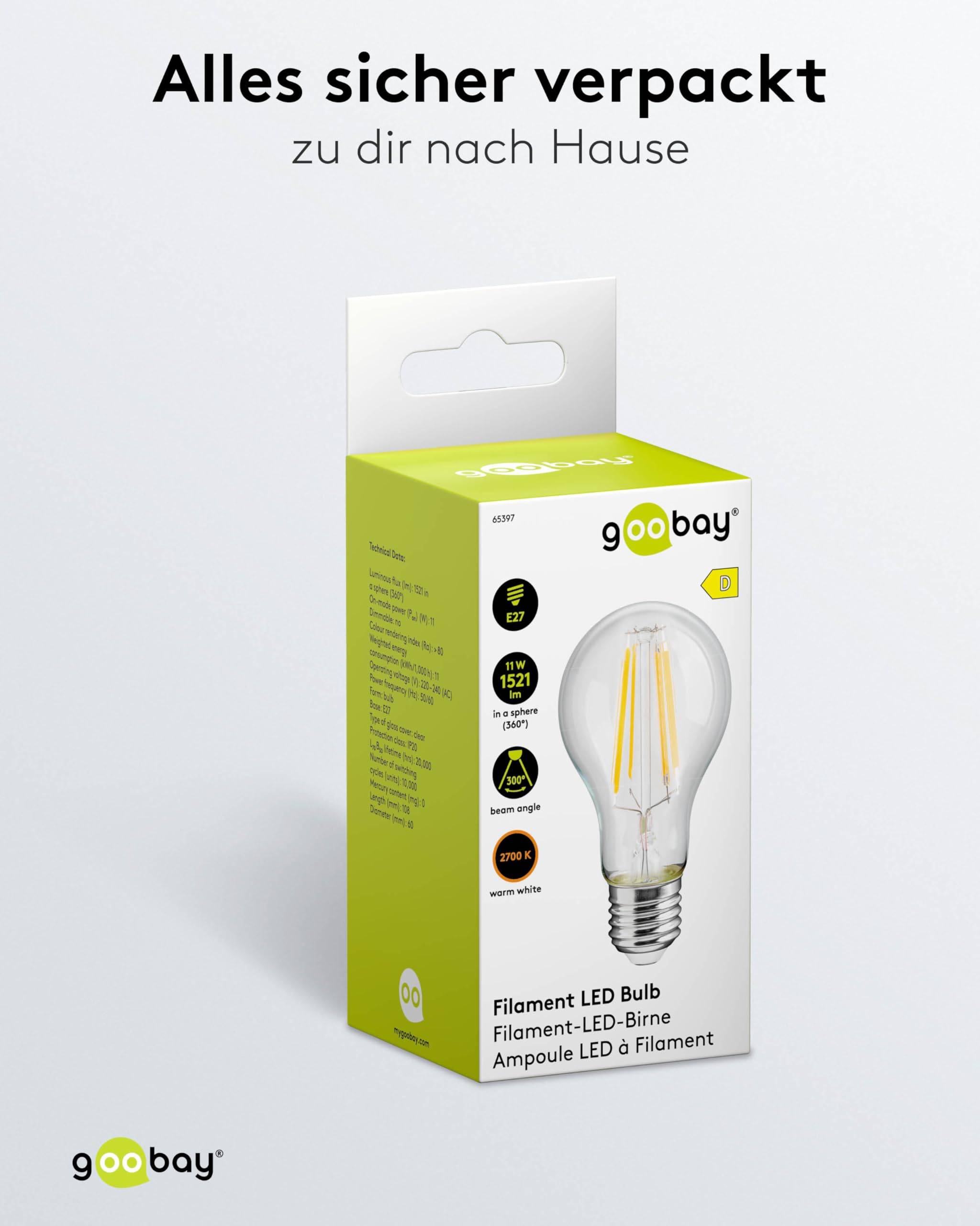 Goobay 65397 LED Glühbirne E27 Leuchtmittel 11 Watt / LED Birne warmweiß 2700K / Sockel E27 / LED Glühlampe Filament-5