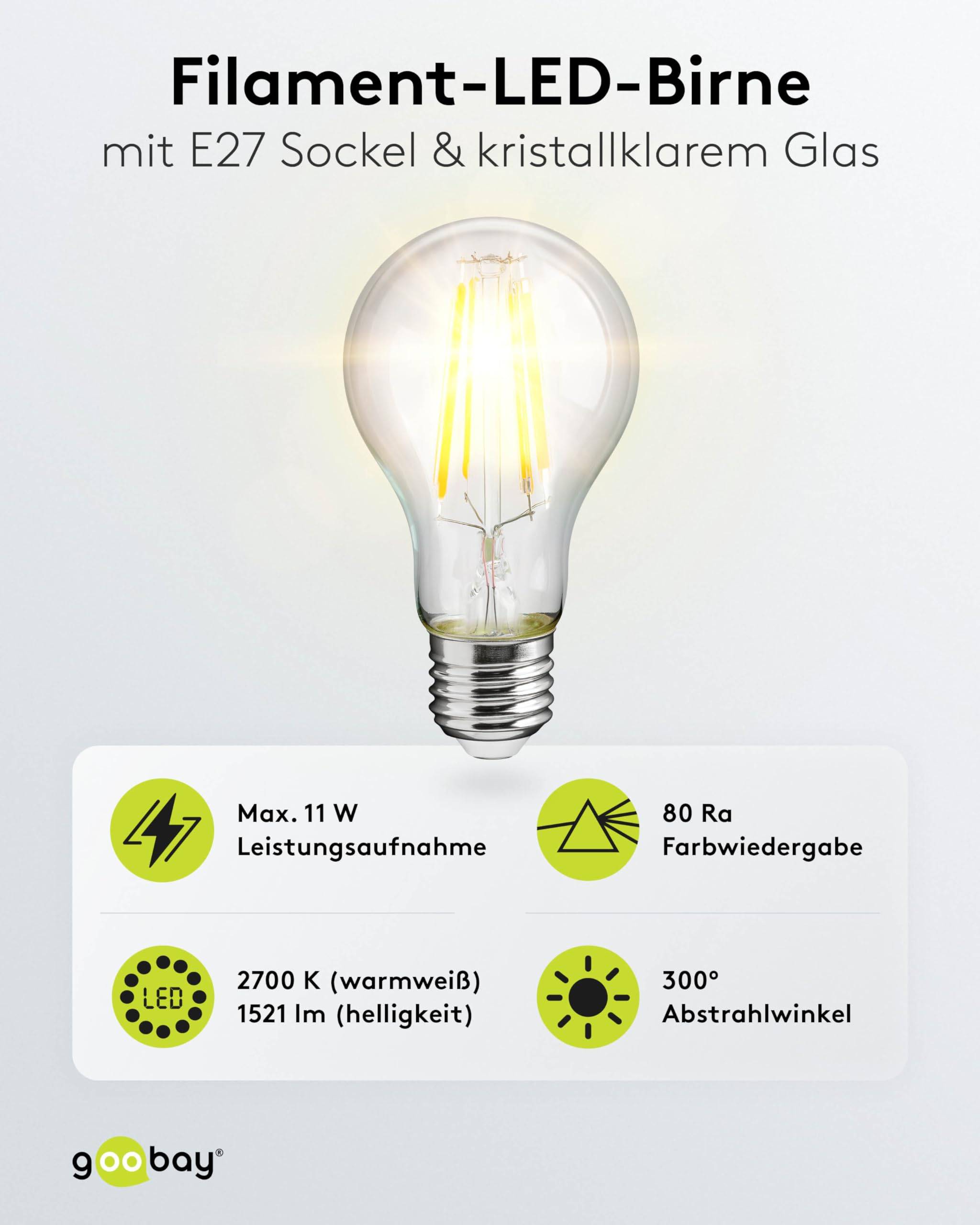 Goobay 65397 LED Glühbirne E27 Leuchtmittel 11 Watt / LED Birne warmweiß 2700K / Sockel E27 / LED Glühlampe Filament-1