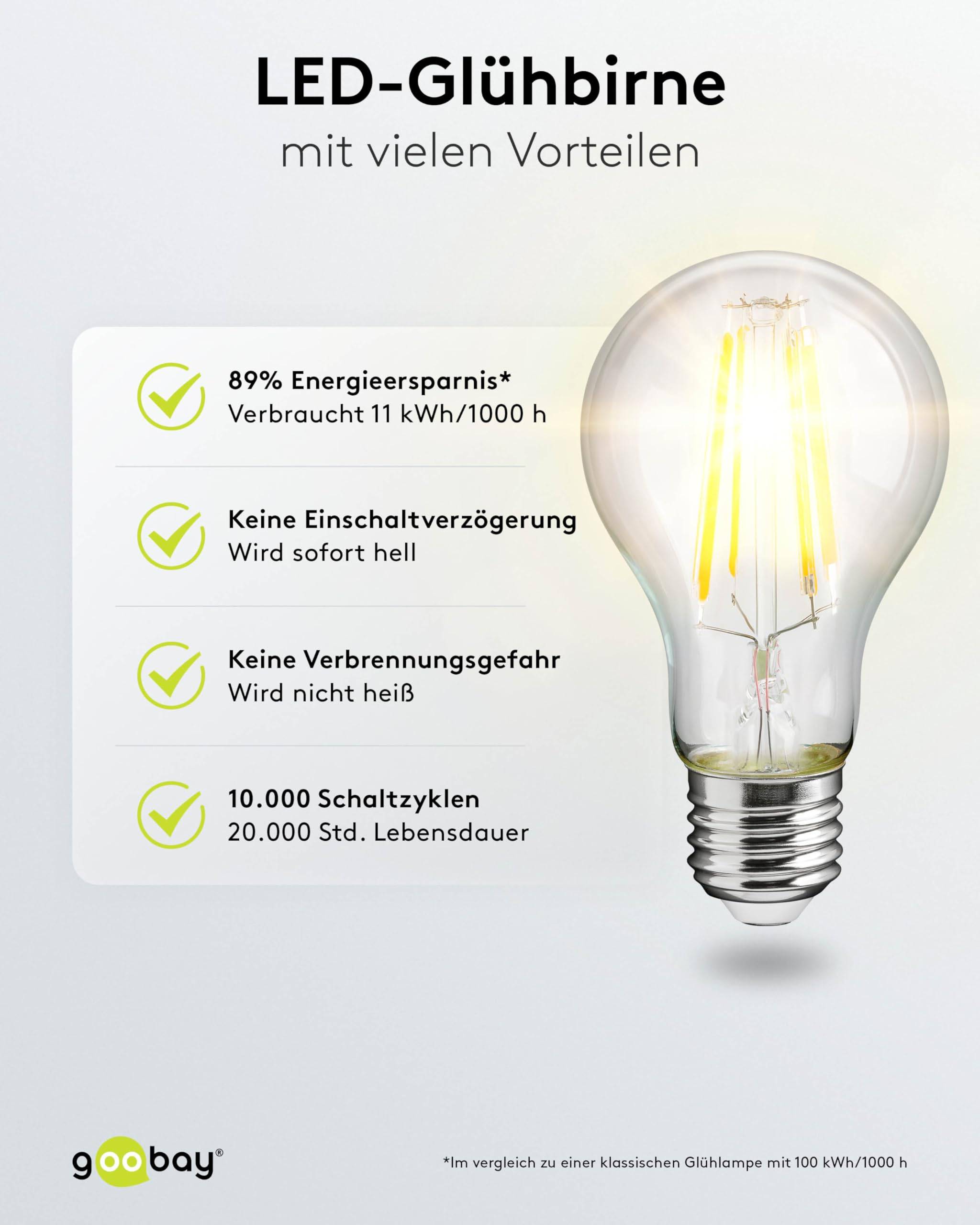 Goobay 65397 LED Glühbirne E27 Leuchtmittel 11 Watt / LED Birne warmweiß 2700K / Sockel E27 / LED Glühlampe Filament-4