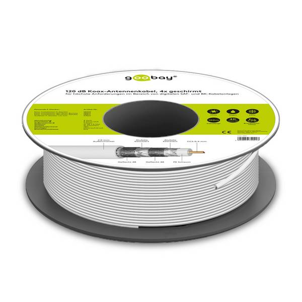 Goobay 74021 SAT Koaxialkabel 120 dB / Antennenkabel Meterware / 4-fach geschirmt / Satellitenkabel CCS / Weiß / 100m