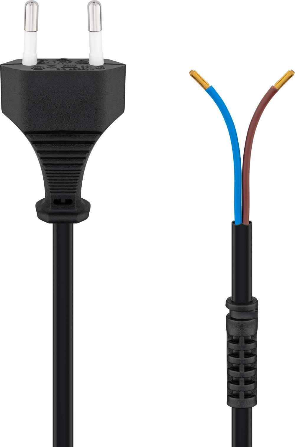 Goobay 50502 Netzkabel 2 polig / Eurostecker & offene Enden / Stromkabel Aderendhülsen / Zugentlastung / Schwarz / 1,5m-1