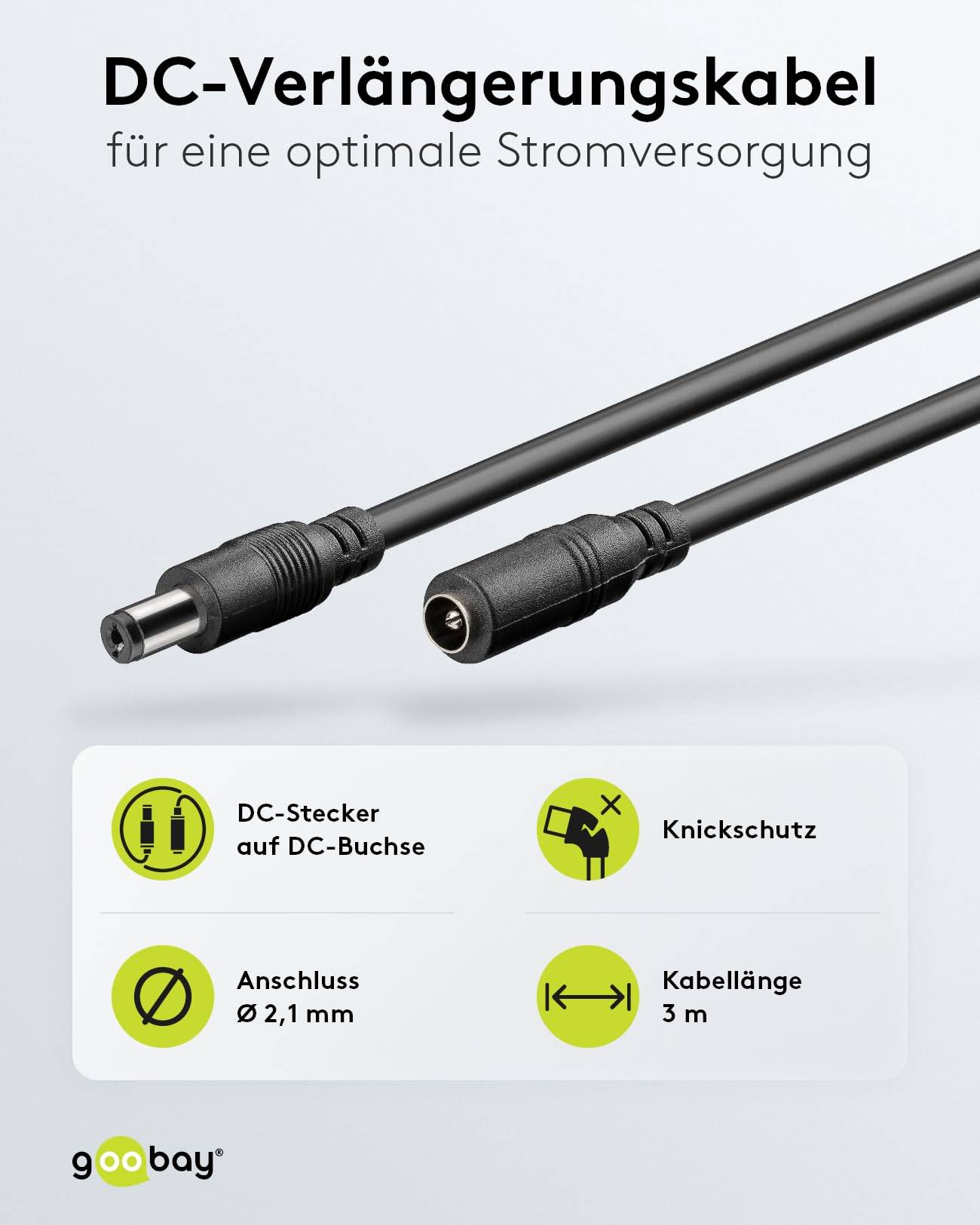 Goobay 71399 DC Netzkabel Verlängerungskabel 12V Netzteil DC-Stecker auf DC-Buchse 5,50 x 2,10 mm Stromkabel Schwarz 3m-1