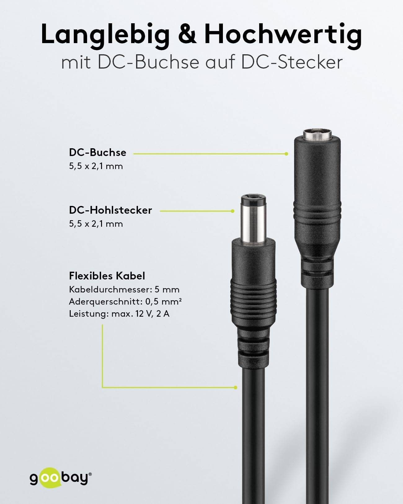 Goobay 71399 DC Netzkabel Verlängerungskabel 12V Netzteil DC-Stecker auf DC-Buchse 5,50 x 2,10 mm Stromkabel Schwarz 3m-3