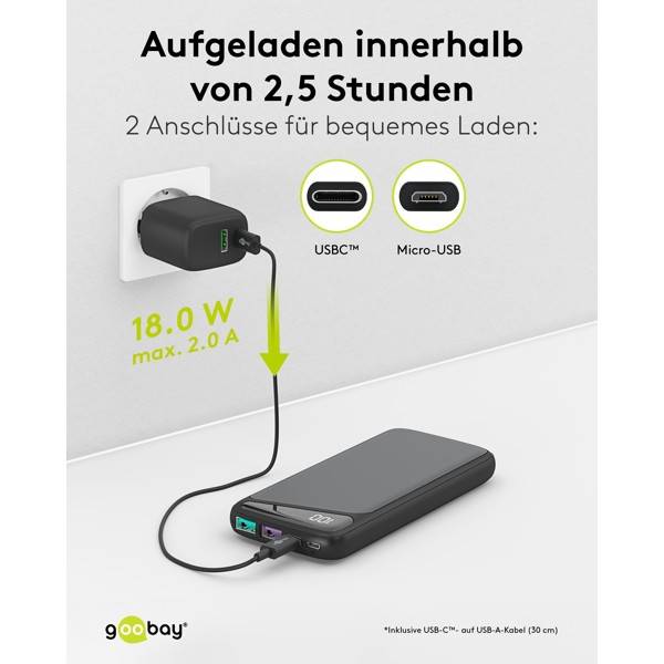 Goobay Powerbank 10000 mAh, Powerbank, 18W Power Delivery USB-C und Quick Charge USB-A, 3 Ausgänge-6