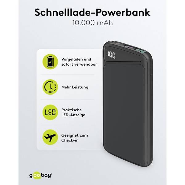 Goobay Powerbank 10000 mAh, Powerbank, 18W Power Delivery USB-C und Quick Charge USB-A, 3 Ausgänge-1