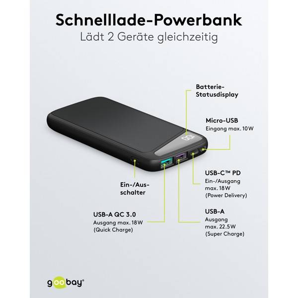 Goobay Powerbank 10000 mAh, Powerbank, 18W Power Delivery USB-C und Quick Charge USB-A, 3 Ausgänge-3