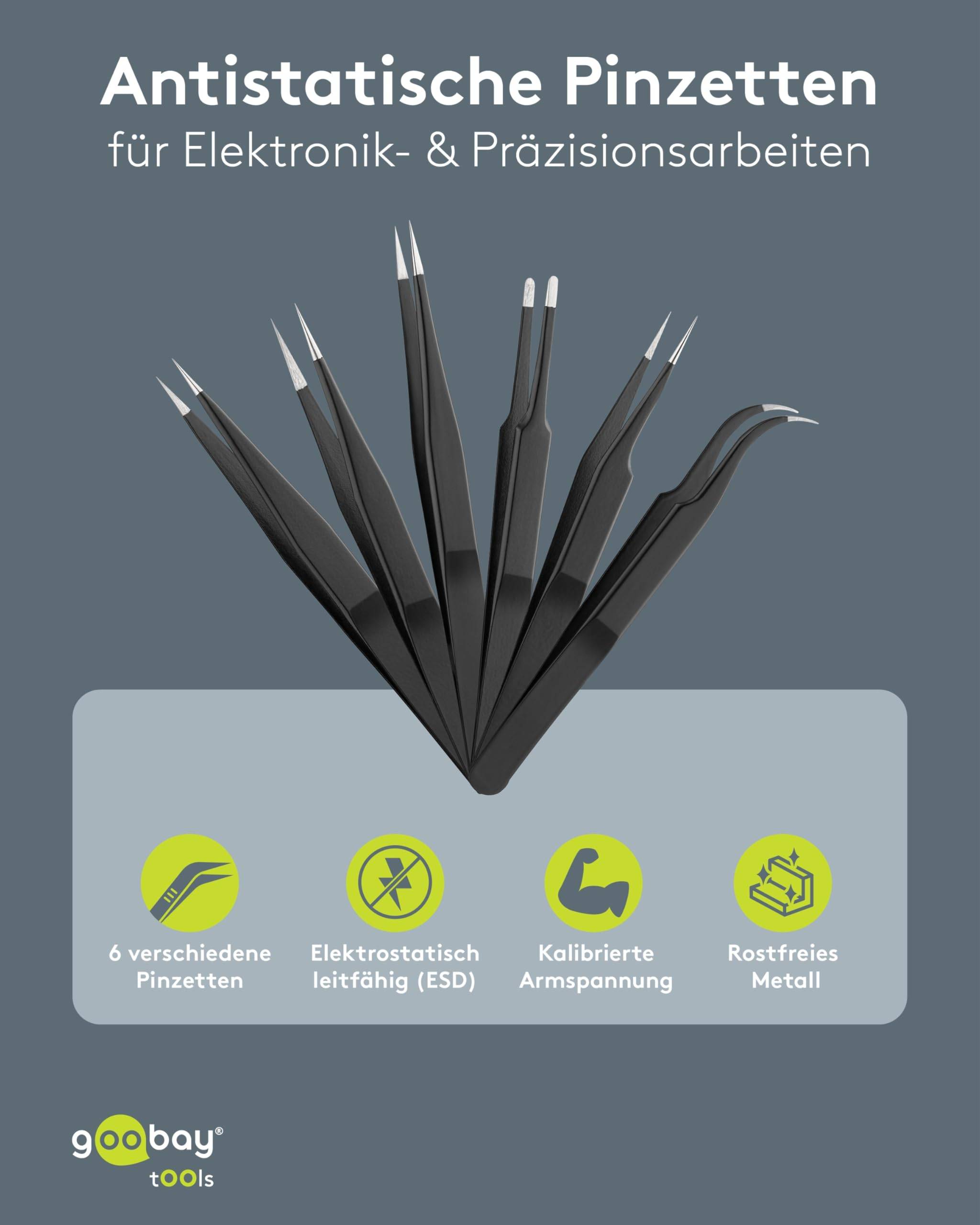 Goobay 41256 Pinzette für Präzision, Pinzettenset 6-teilig mit Spitzpinzette & Flachpinzette, gerade & gebogen, Schwarz-1