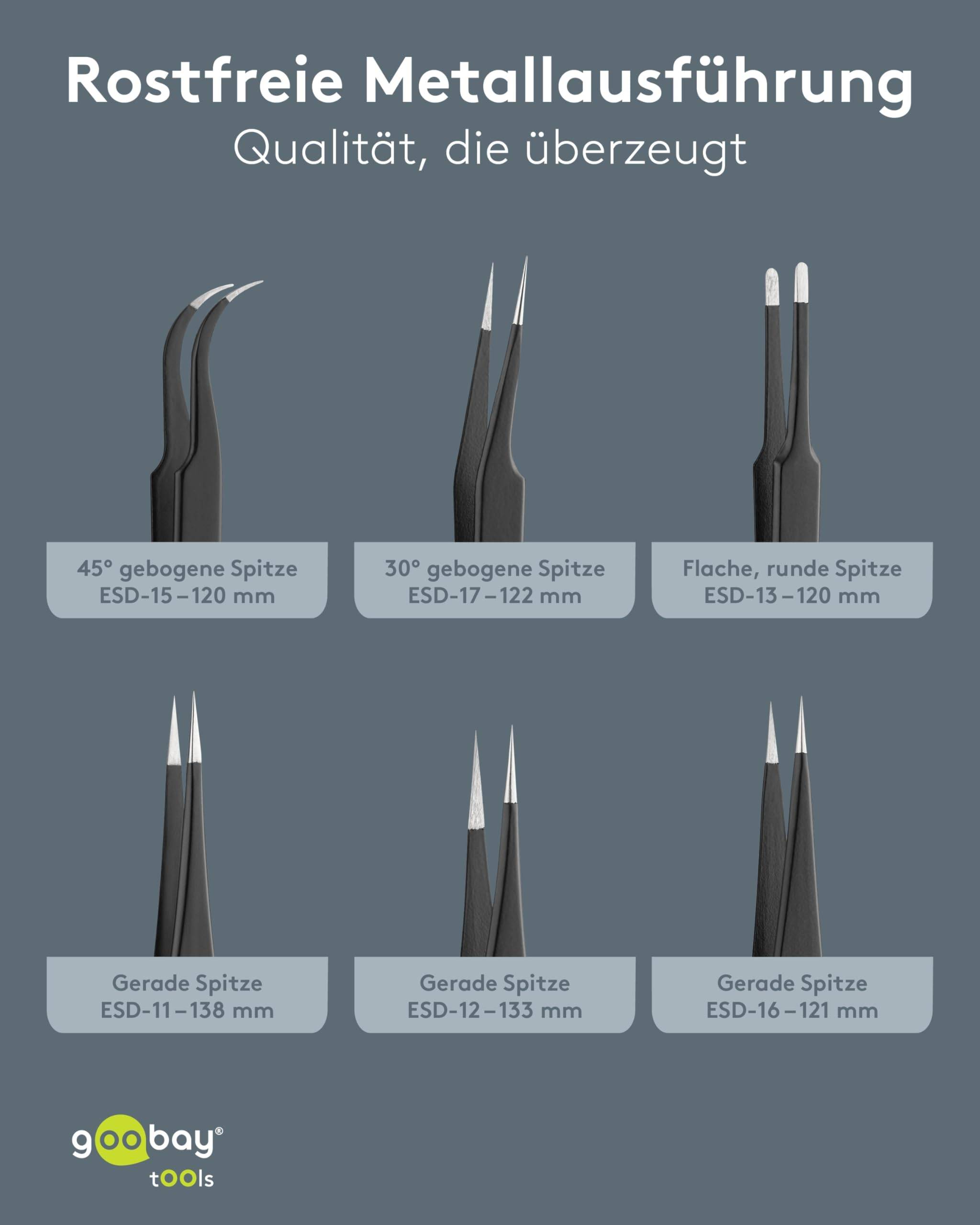 Goobay 41256 Pinzette für Präzision, Pinzettenset 6-teilig mit Spitzpinzette & Flachpinzette, gerade & gebogen, Schwarz-3