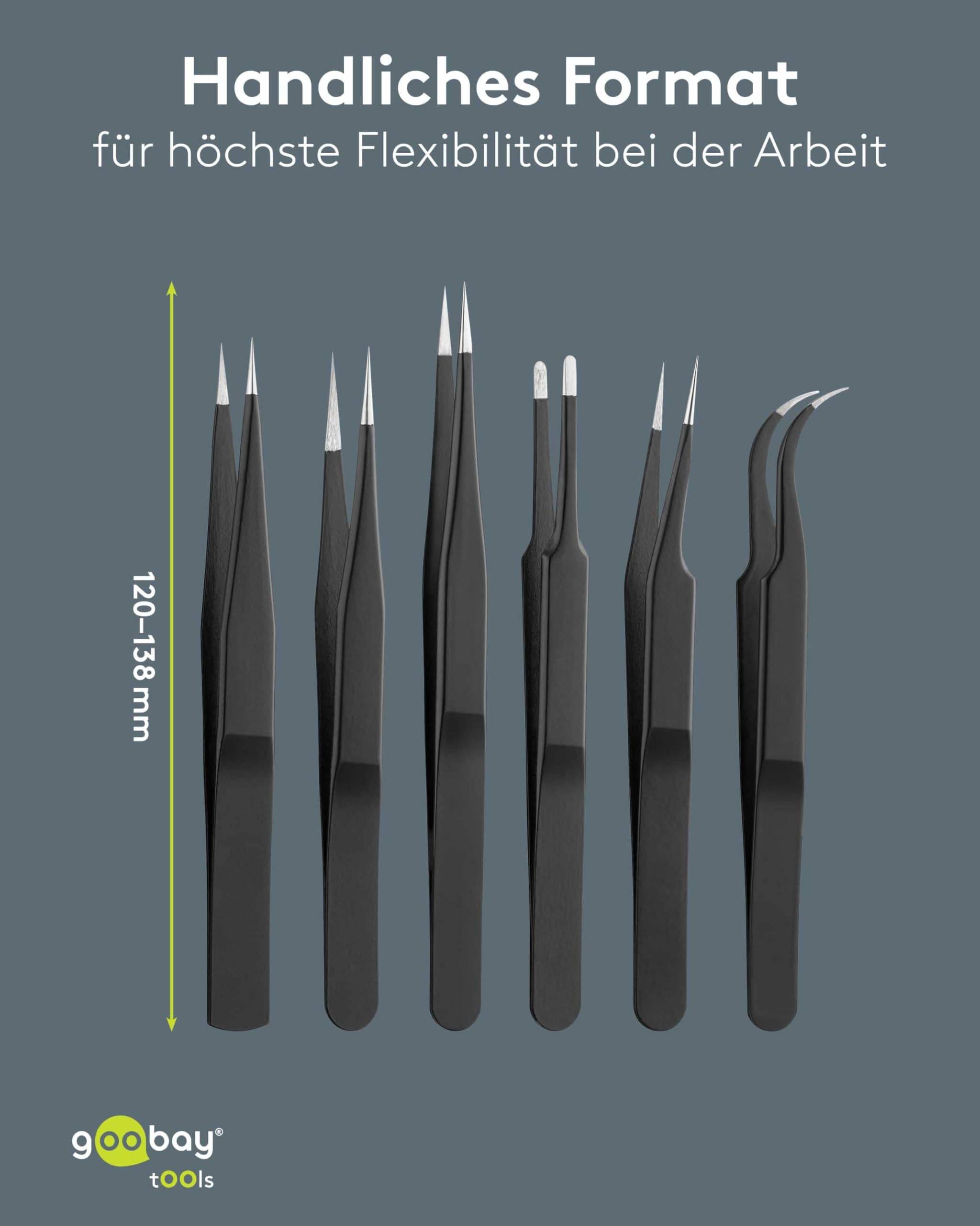 Goobay 41256 Pinzette für Präzision, Pinzettenset 6-teilig mit Spitzpinzette & Flachpinzette, gerade & gebogen, Schwarz-4