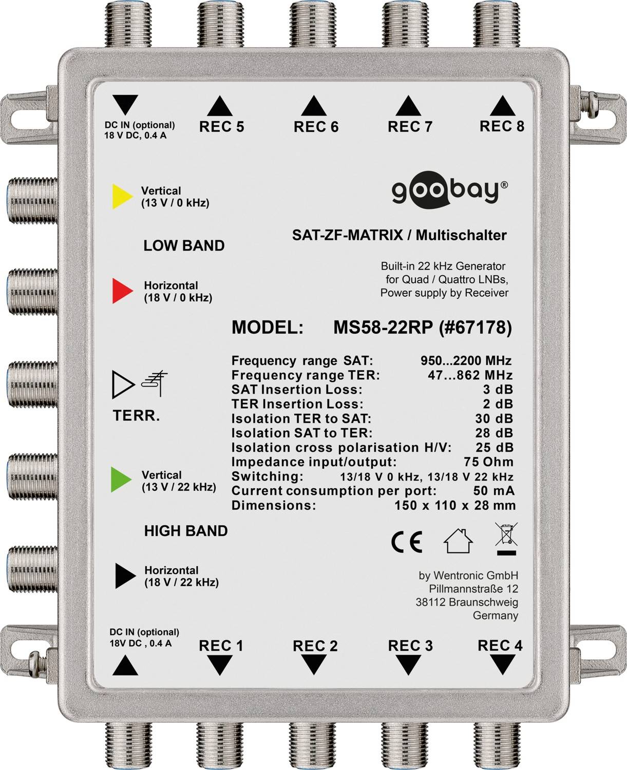 Goobay 67178 SAT-Multischalter 5 Eingänge & 8 Ausgänge QUAD-LNB, SAT-Verteiler 8 Teilnehmer F-Buchse, ohne Netzanschluss-0