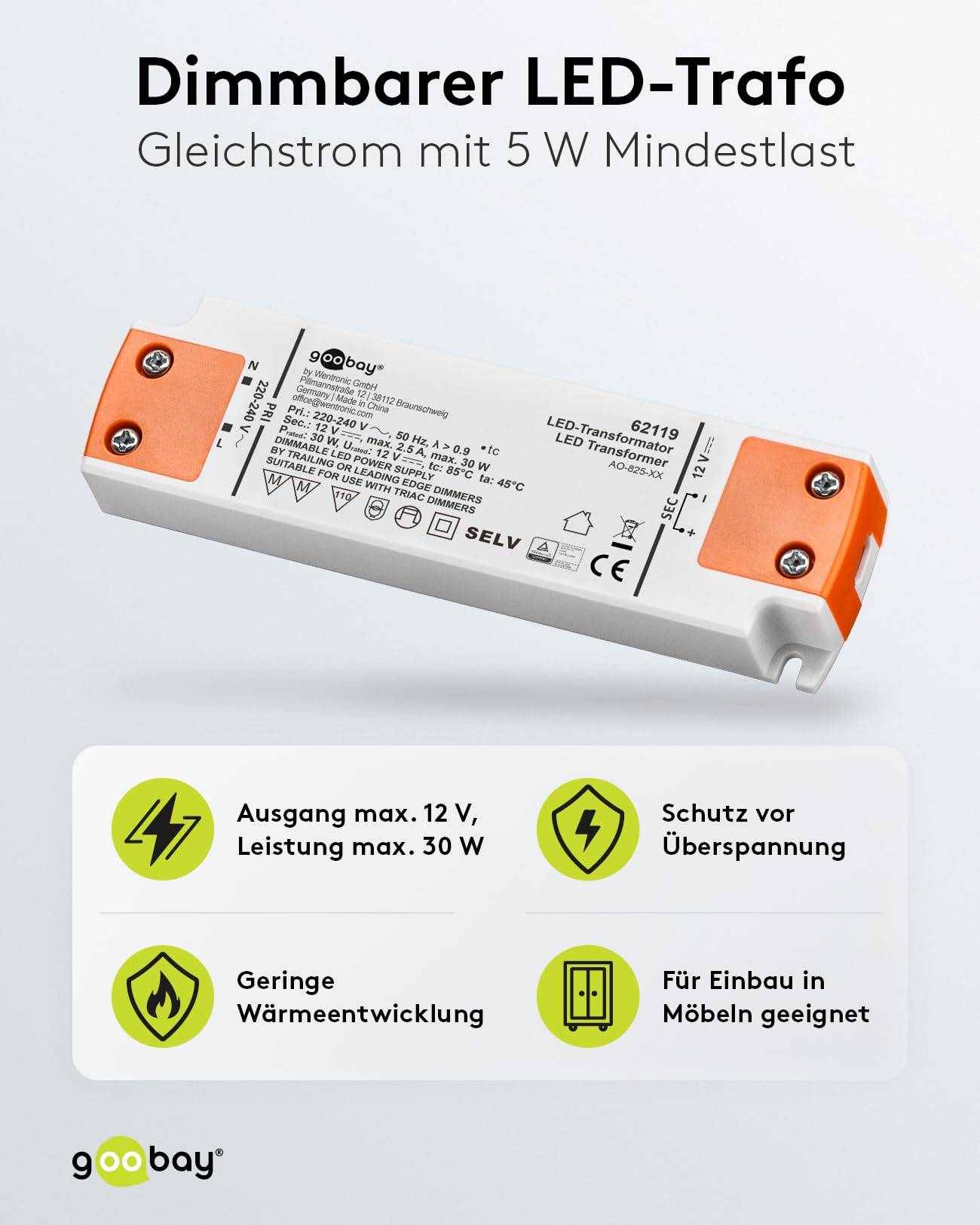 Goobay 62119 LED Trafo 230 V auf 12 V Gleichspannung (DC) für 30W LED Beleuchtung dimmbar LED Treiber Konstantstrom-1