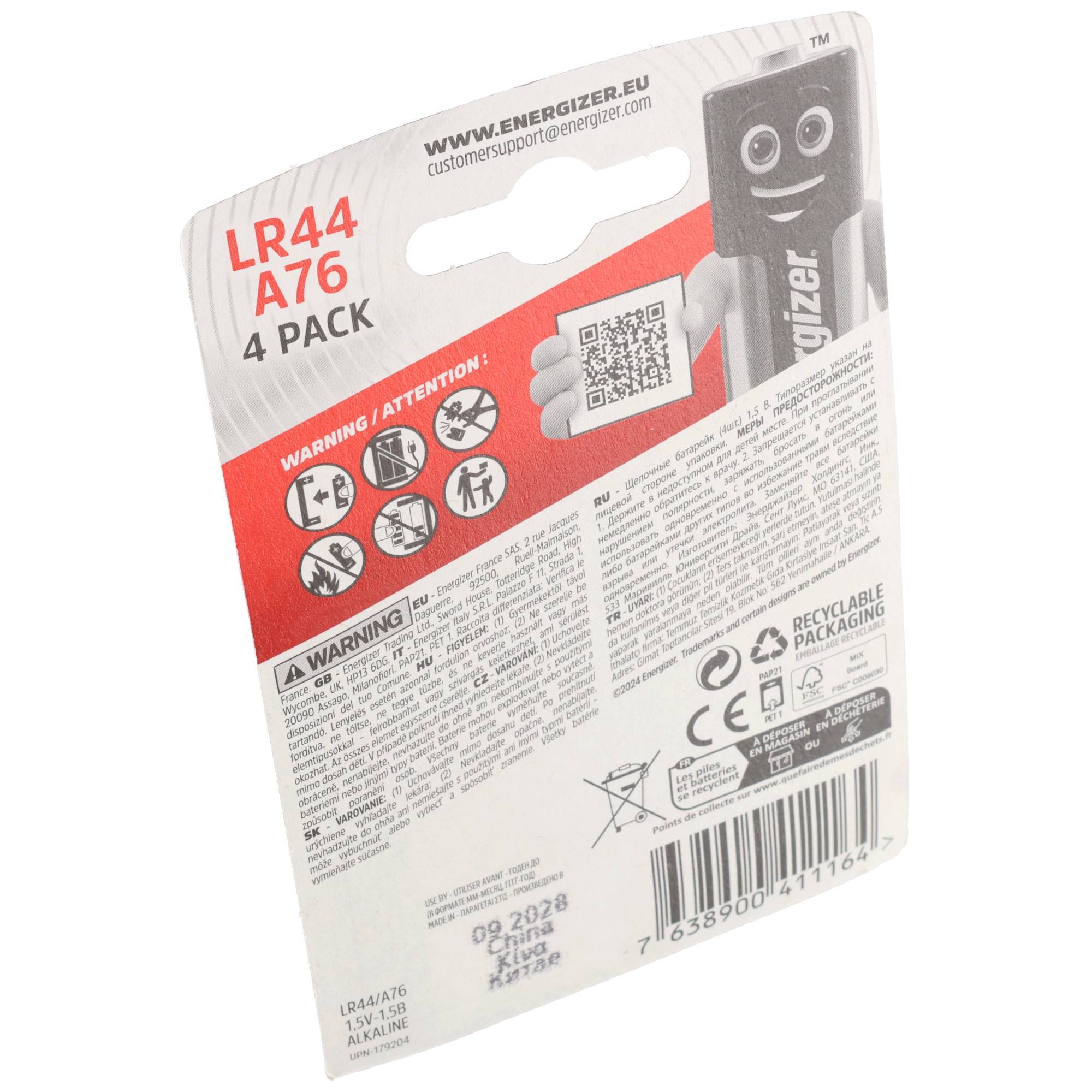 Knopfzelle LR44/A76 Alkali 4 St./Pack. - Artikel: 190221400-4