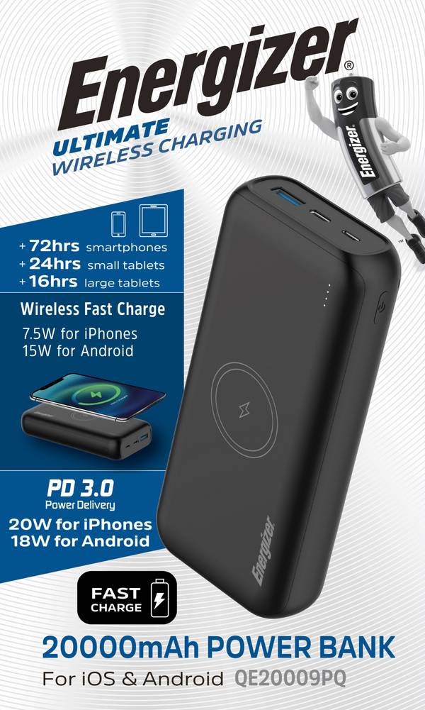 Energizer Akku Powerbank, 20.000mAh, QE20009PQ, schwarz Ultimate, Wireless, 1x USB-A/Micro-B/-C PD, Retail