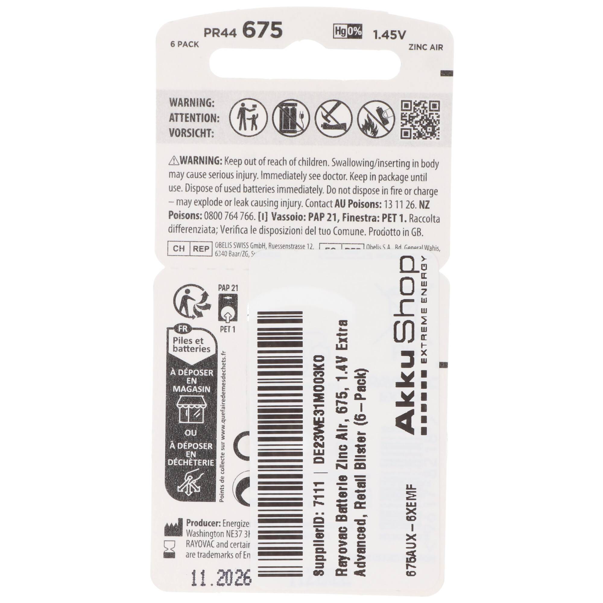 Rayovac Batterie Zinc Air, 675, 1.4V Extra Advanced, Retail Blister (6-Pack) Hörgerätebatterie-4