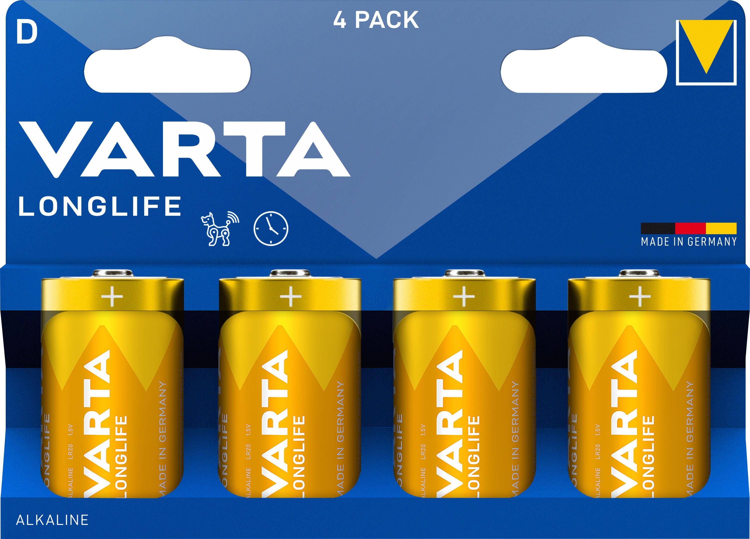 Varta Batterie Alkaline, Mono, D, LR20, 1.5V Longlife, Retail Blister (4-Pack)-0