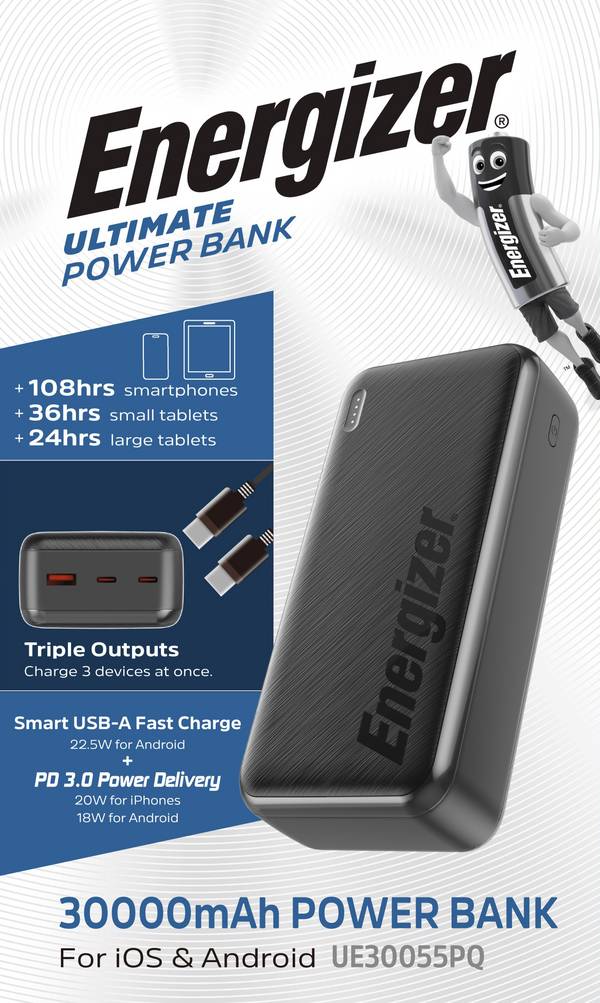 Energizer Akku Powerbank, 30.000mAh, UE30055PQ, schwarz Ultimate, 1x USB-A/2x USB-C PD, Retail