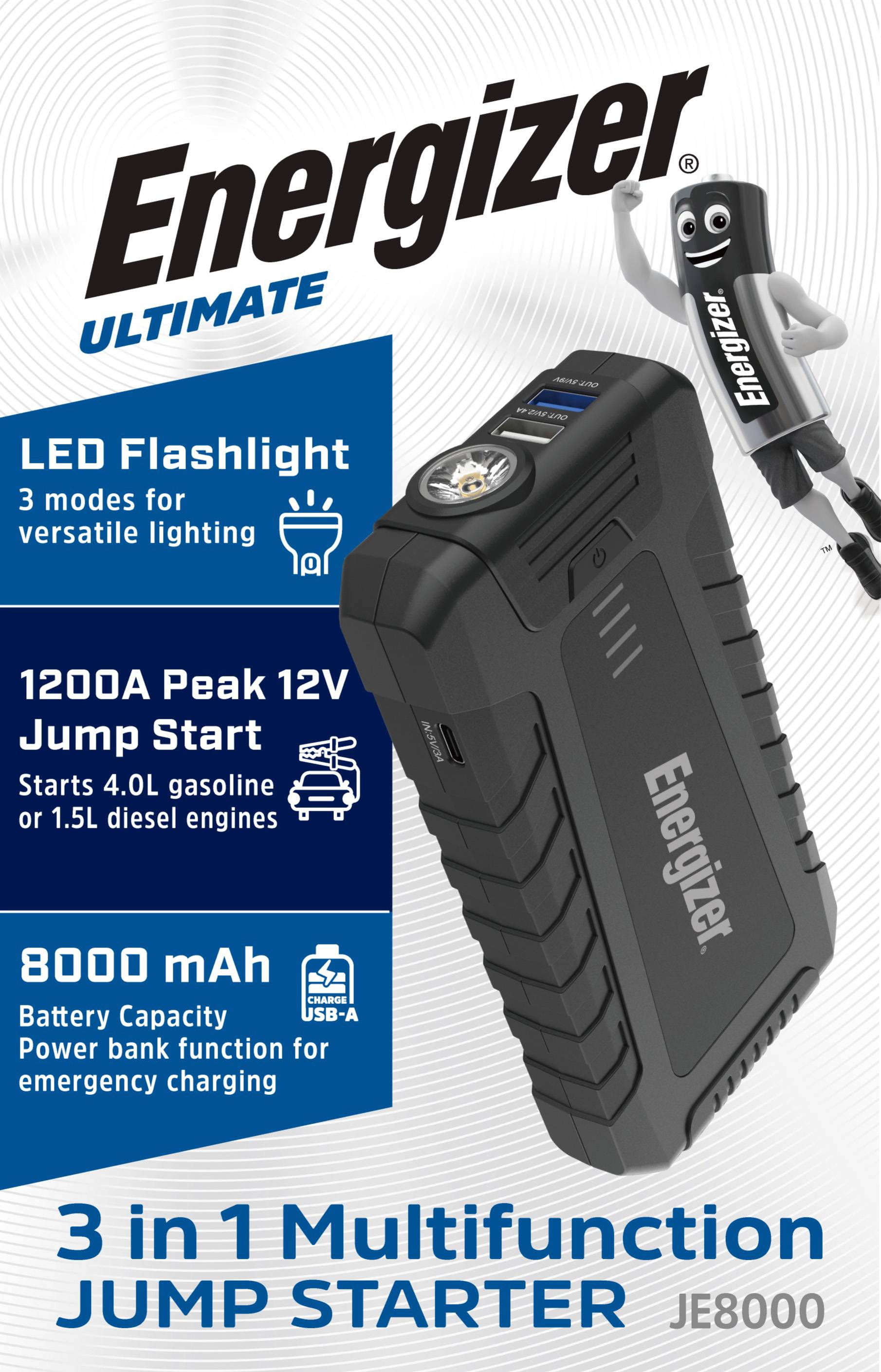 Energizer Jump Starter, JE8000, 8.000mAh Starthilfe, Powerbank, LED-Leuchte, Retail-0