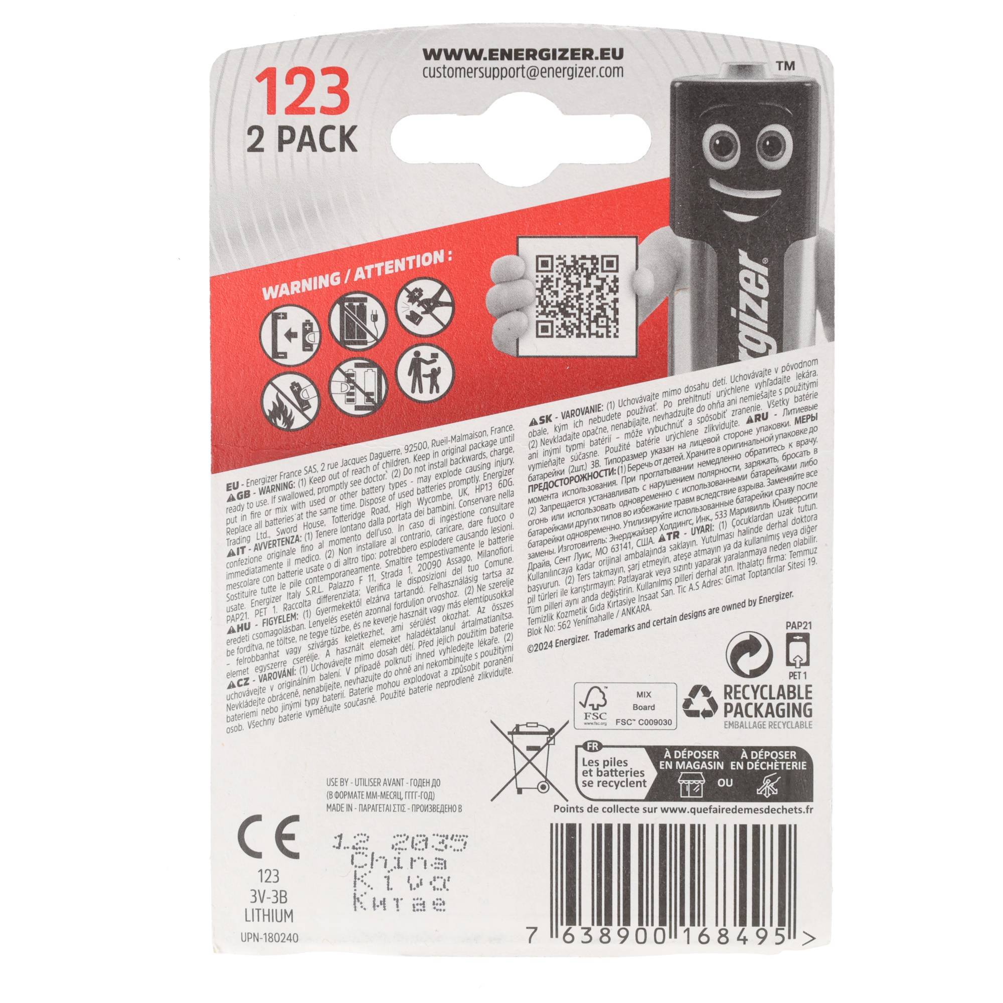 Energizer Batterie Lithium, CR123, 3V Photo, Retail Blister (2-Pack)-1