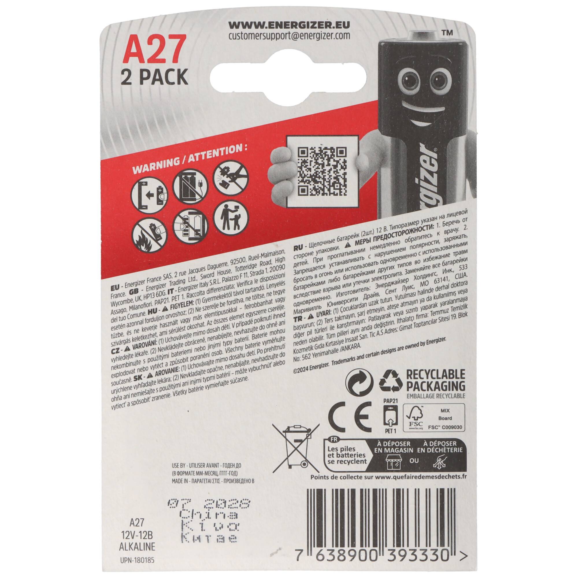 Energizer Batterie Alkaline, MN27, V27A, A27, 12V Electronics, Retail Blister (2-Pack)-4