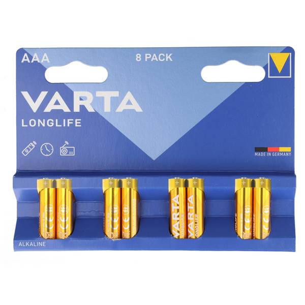Varta Batterie Alkaline, Micro, AAA, LR03, 1.5V Longlife, Retail Blister (8-Pack)