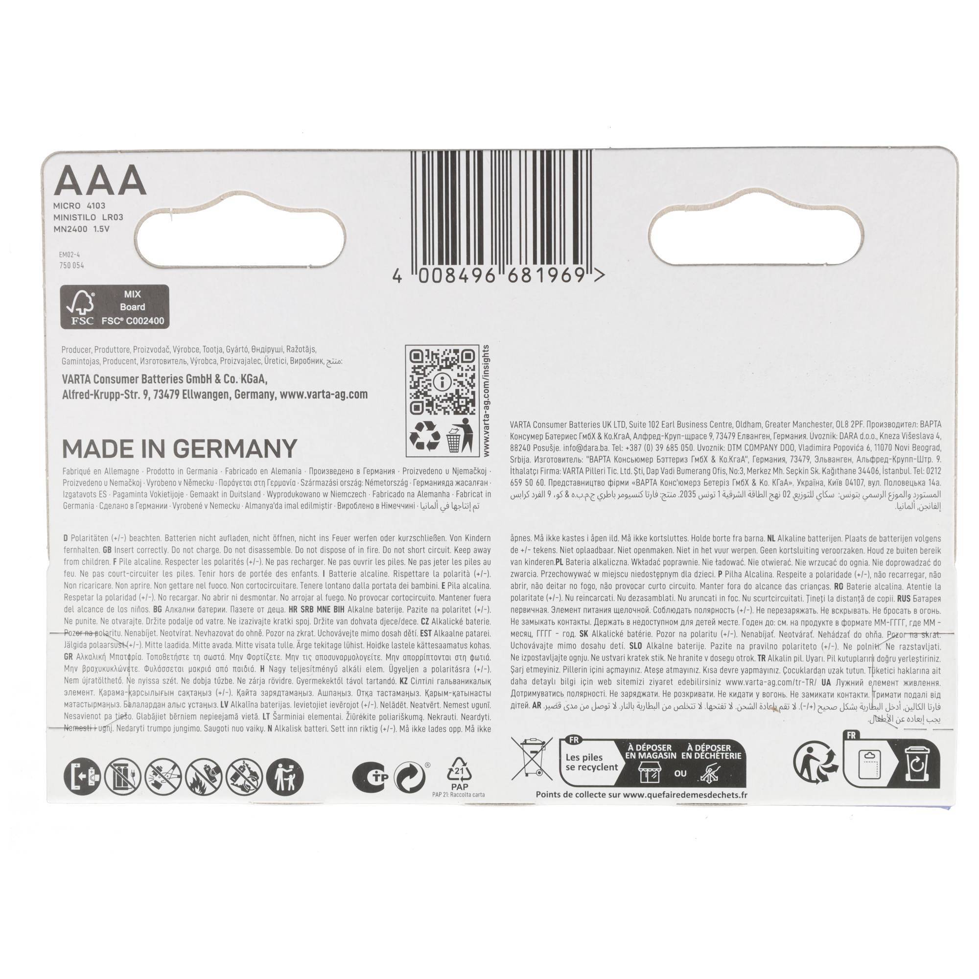Varta Batterie Alkaline, Micro, AAA, LR03, 1.5V Longlife, Retail Blister (8-Pack)-1